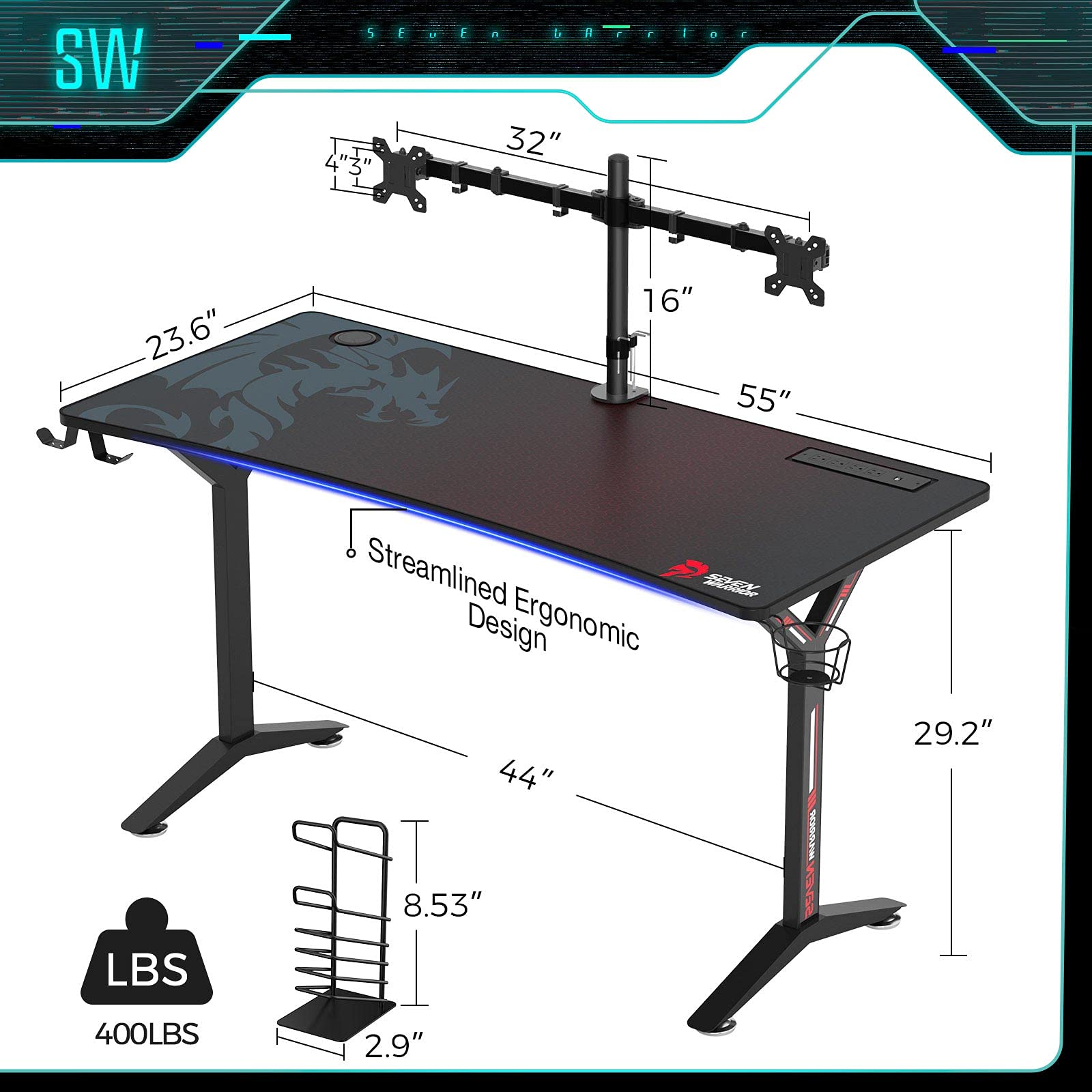 Seven Warrior Gaming Desk 55INCH with Power Outlet & Dual Monitor Mount