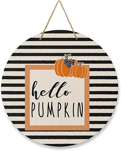 Letrero de bienvenida para decoración de puerta delantera, calabaza de otoño, rayas rústicas negras y blancas, coronas de 10 pulgadas, decoración