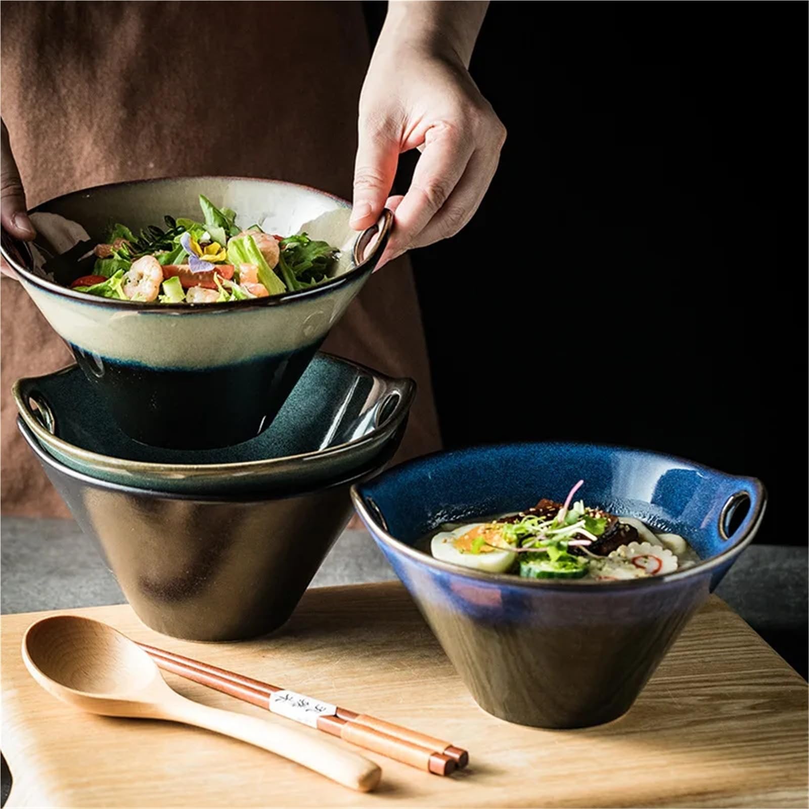 Keramikschale im japanischen Stil mit Löchern, vielseitig einsetzbar für Instant-Nudeln, Suppe, Salat, geeignet für Schlafsaal und Haushalt (7,5 Kaffee-Gold)