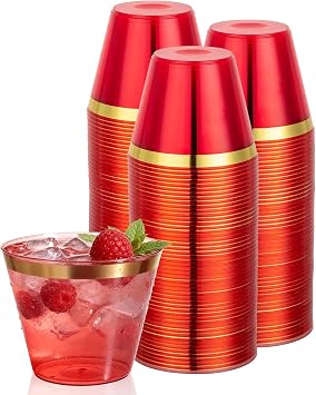 Goodluck 50PCS 9oz Red and Gold Plastic Cups for Party, Disposable Cups | Plastic Cocktail Glasses for Wedding Thanksgiving, Christmas, and PartiesGold Rim