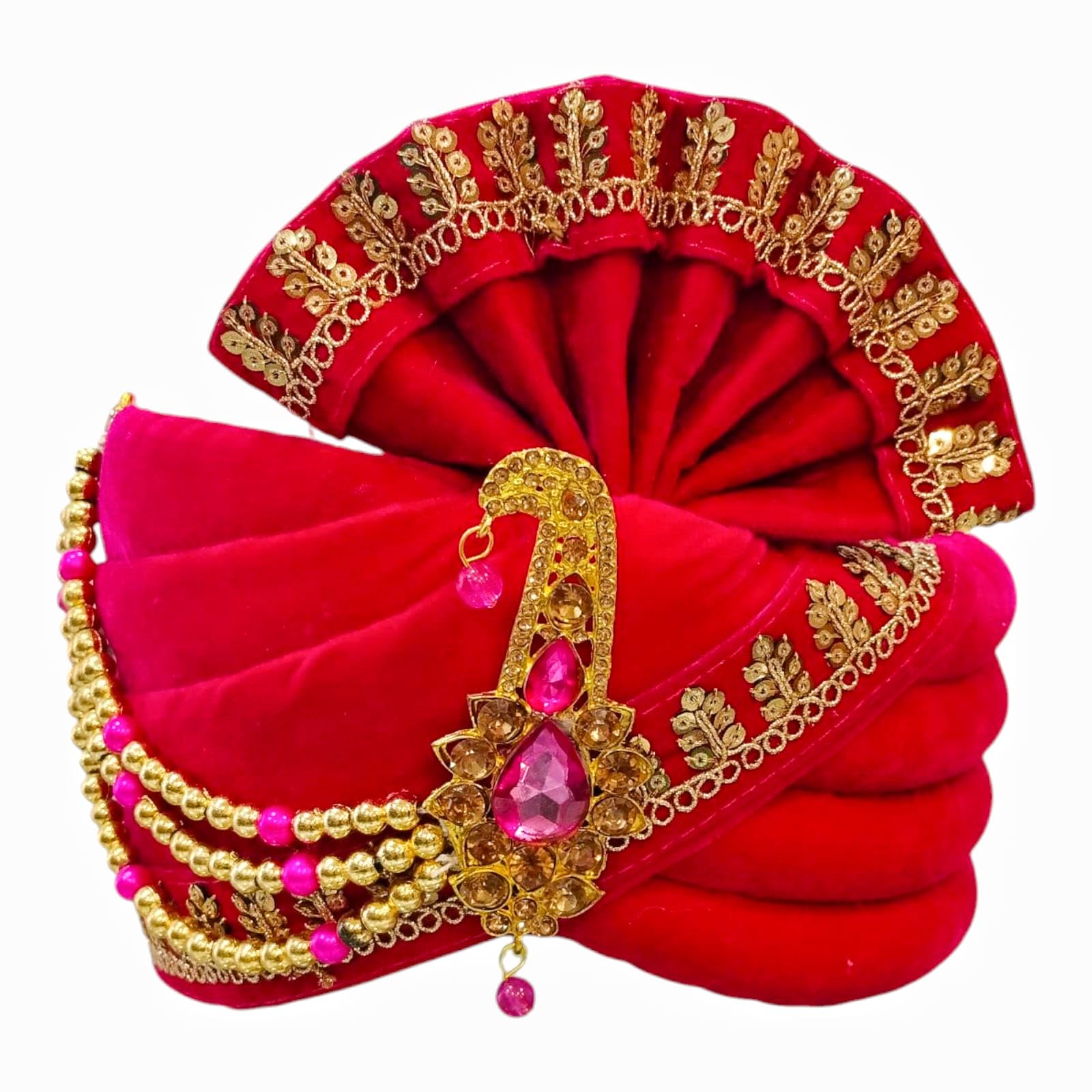bhawani Traditional Wedding Pagri for Men, Rani Red Velvet with Gold Embellishments, Adjustable Size-picture-52