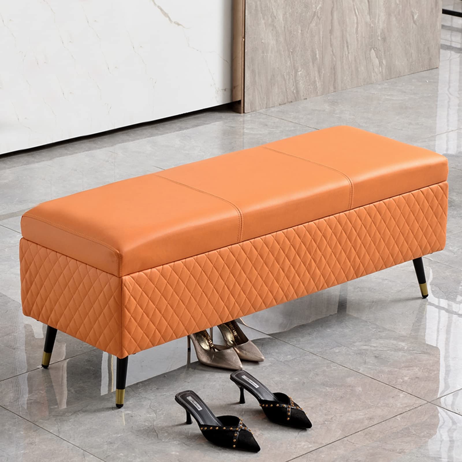 Ottoman luxueux en bois et similicuir orange, banc capitonné haut de gamme
