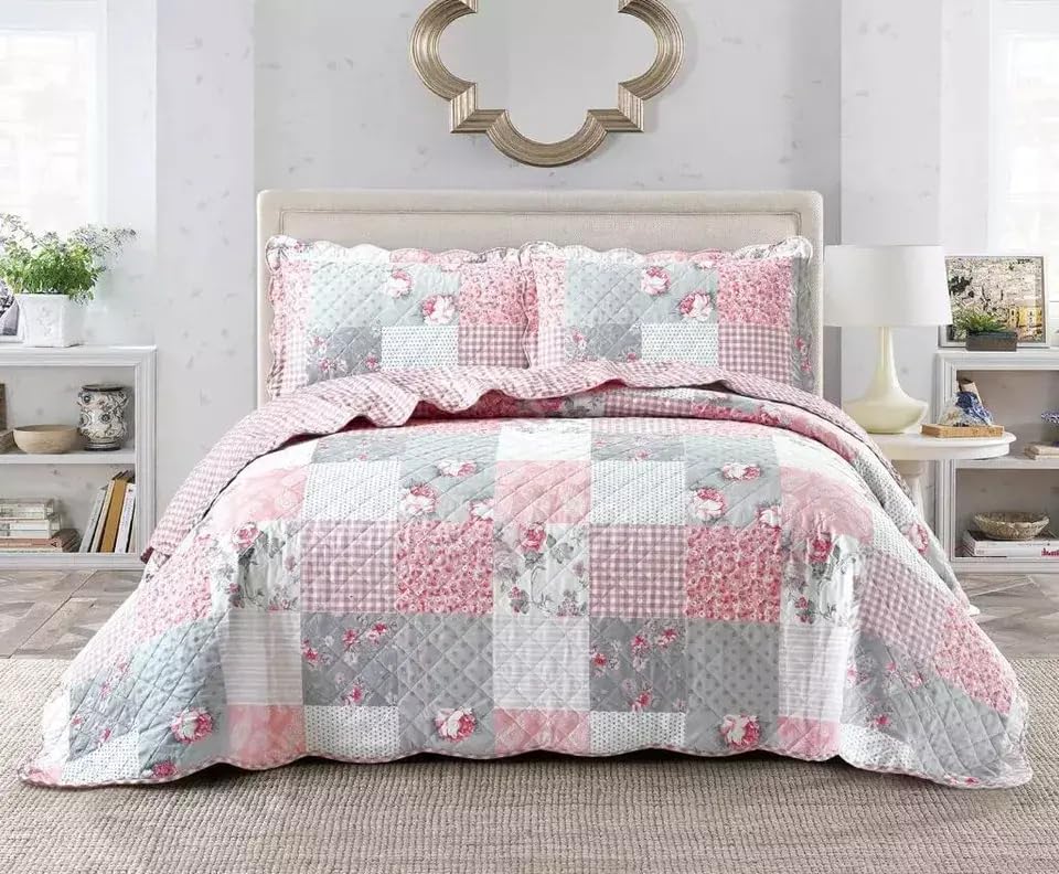 Online Bedding Quilted Patchwork Bedspread - Hypoallergenic, Machine Washable Duvet & Pillowcases Bedding Set (Floral Grey (Box Stitched), Super King)