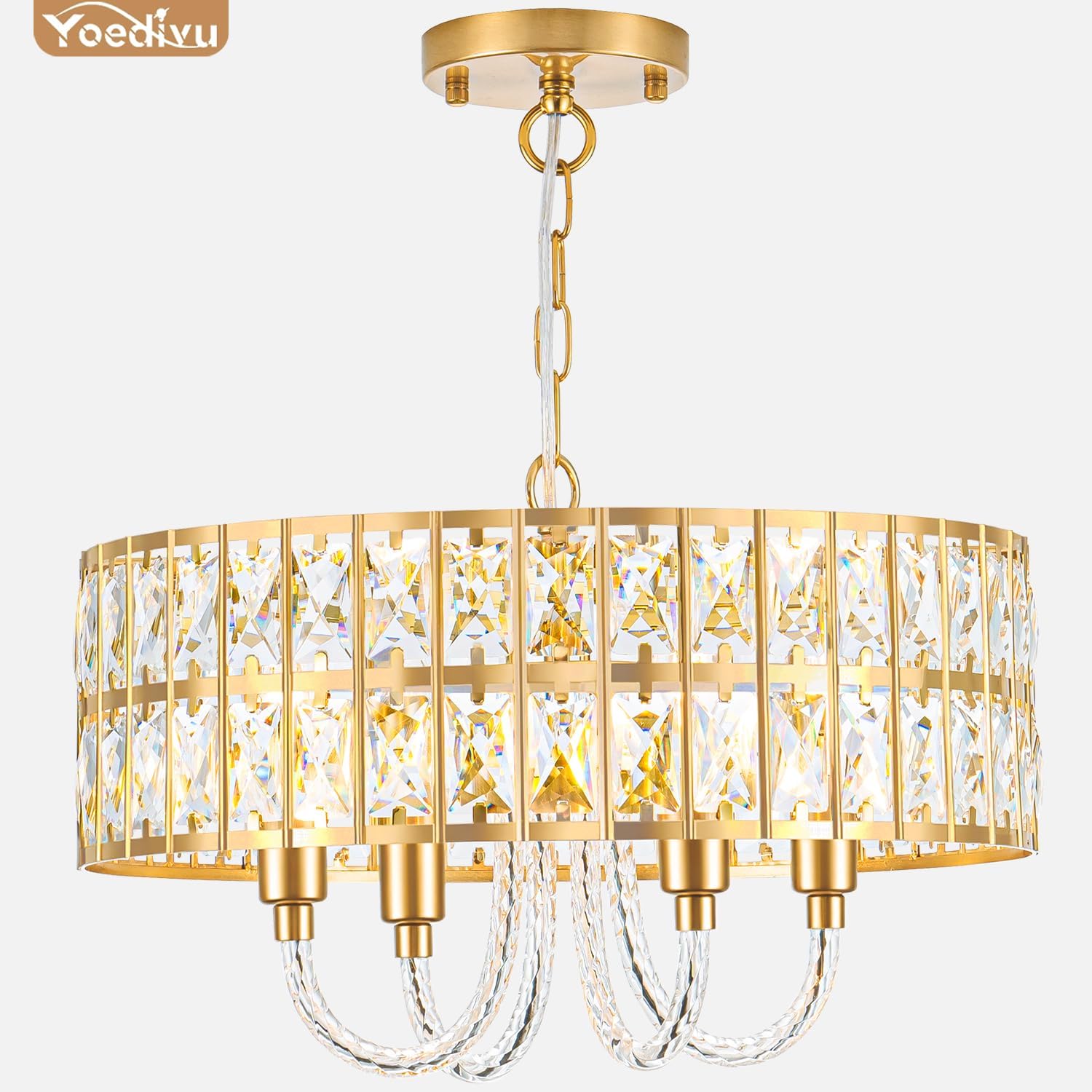 Crystal Chandeliers for Dining Room, 16.5 Inch Gold Dining Room Light Fixture, 4-Light ETL K9 Crystal Modern Round Chandelier for Living Room, Entryway, Kitchen, Foyer