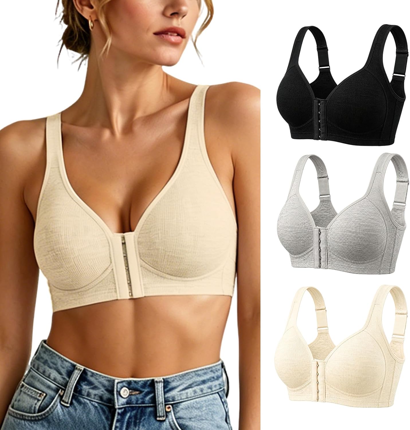 Women's Pack Front Closure Bras, Wireless Push Up Bra No Underwire, Full Coverage Daily Support Seamless Comfort Bralette