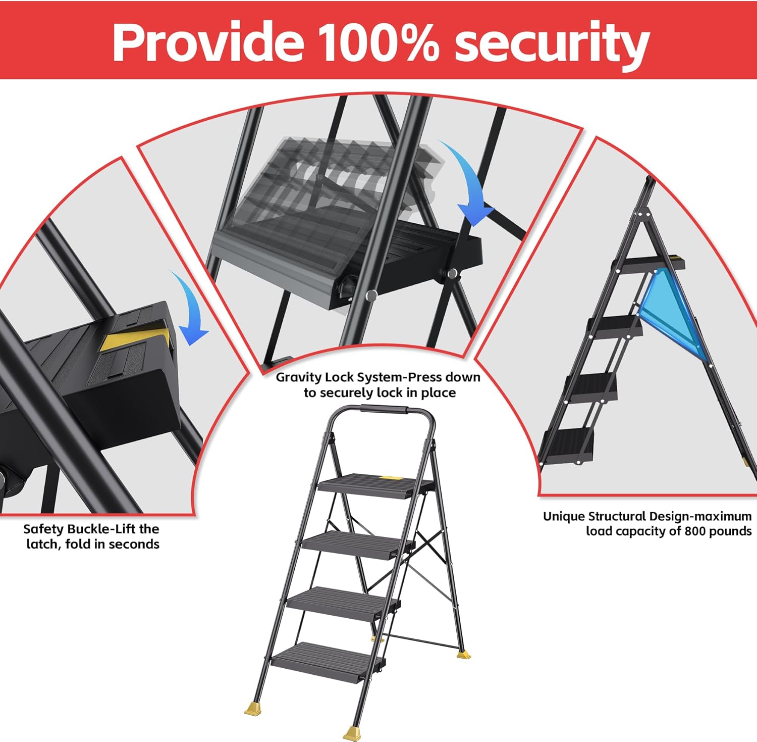 Foldable Step Ladder Stool for Home Adults, 4 Step Tall Extension with Handrails, Heavy Duty 800Lbs Ladder for Indoor Kitchen Closet Stair Use