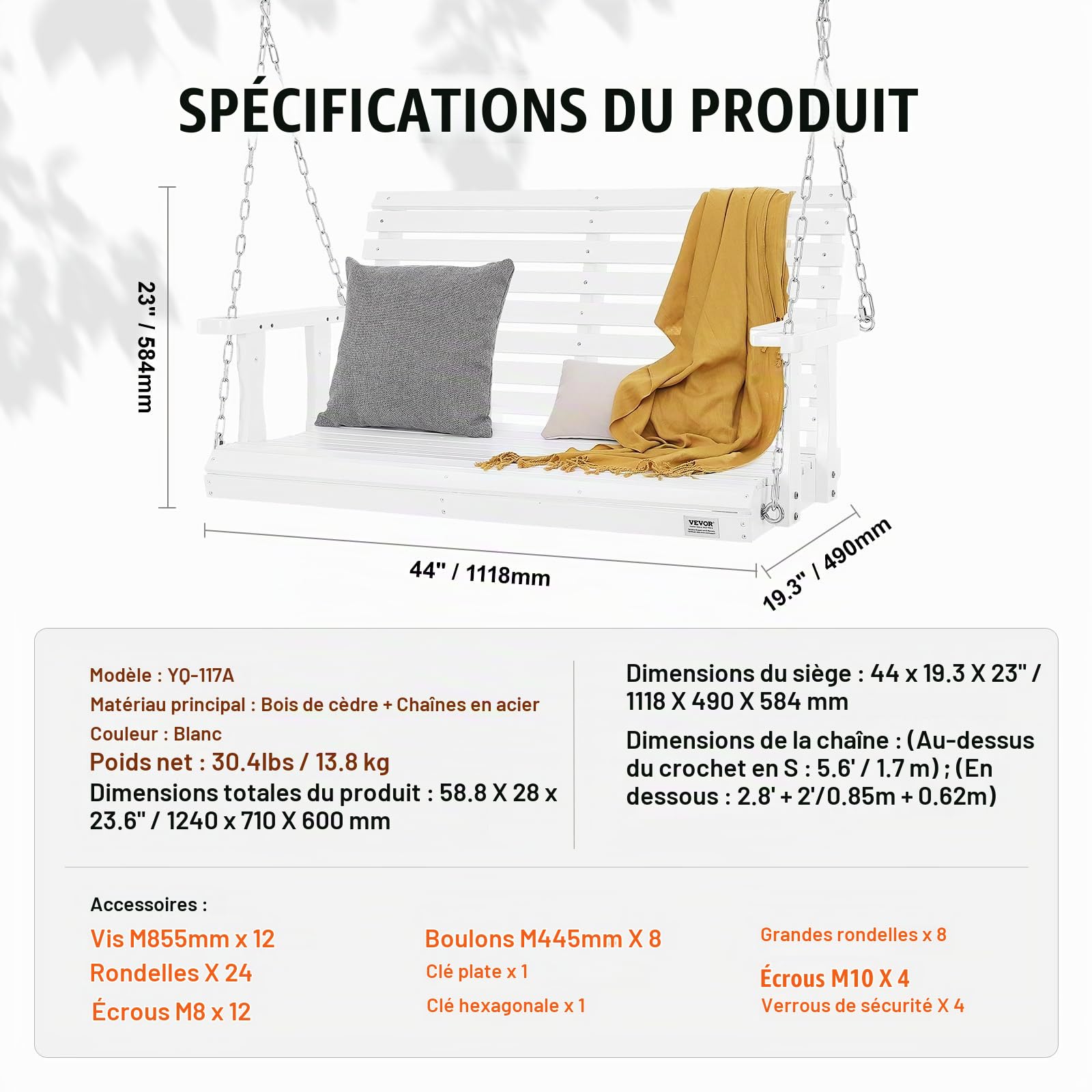 VEVOR Balançoire de Porche en Bois, 1240x710x600 mm, Banc de terrasse pour Cour et Jardin, Forte capacité de Charge 400 kg, Banc de balançoire Robuste avec chaîne de Suspension pour extérieur, Blanc