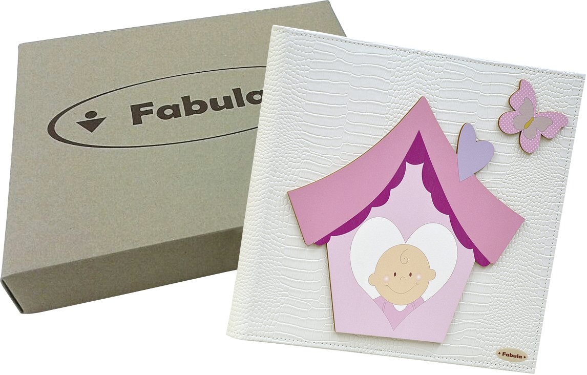 Fabula Linea Bimbo Casa - Diario Nascita Bimbo Rosa - Formato cm 19x25 con Copertina in Ecopelle Bianco e Applicazioni in Legno - 28 Pagine - cod. 165305