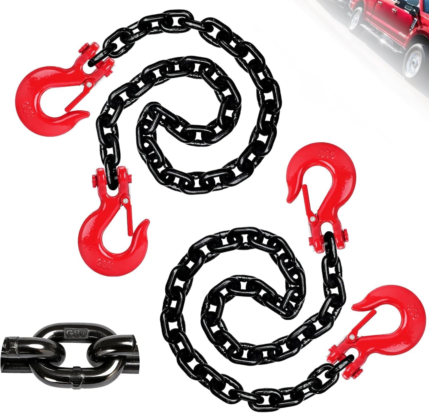 G80 Trailer Safety Chain 39inch, 2 Pack Grade 80 Tow Hooks with 3/8" Clevis Safety Hook, 3/8" Heavy Duty Chain with G80 Clevis Snap Hooks, 7,100 lbs Working Safe Load for Transport Towing