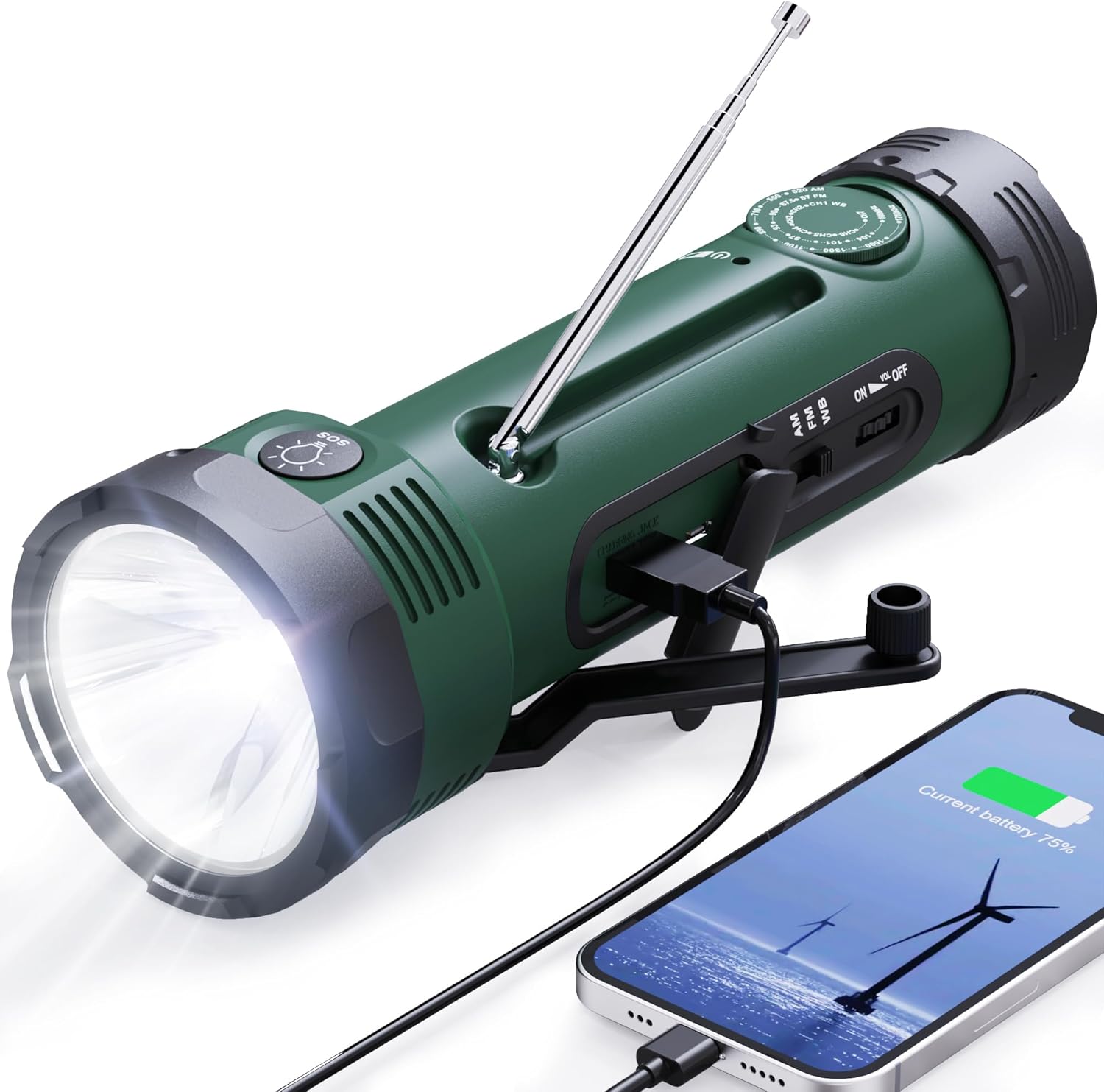 Hand Crank Flashlight, 3000mAh NOAA Climate Radio Flashlights with 3 Means Energy Sources, Wind Up Flashlight Hand Crank Cell Telephone Charger, Moveable Radio AM/FM with Studying Lamp for Emergency/Outside
