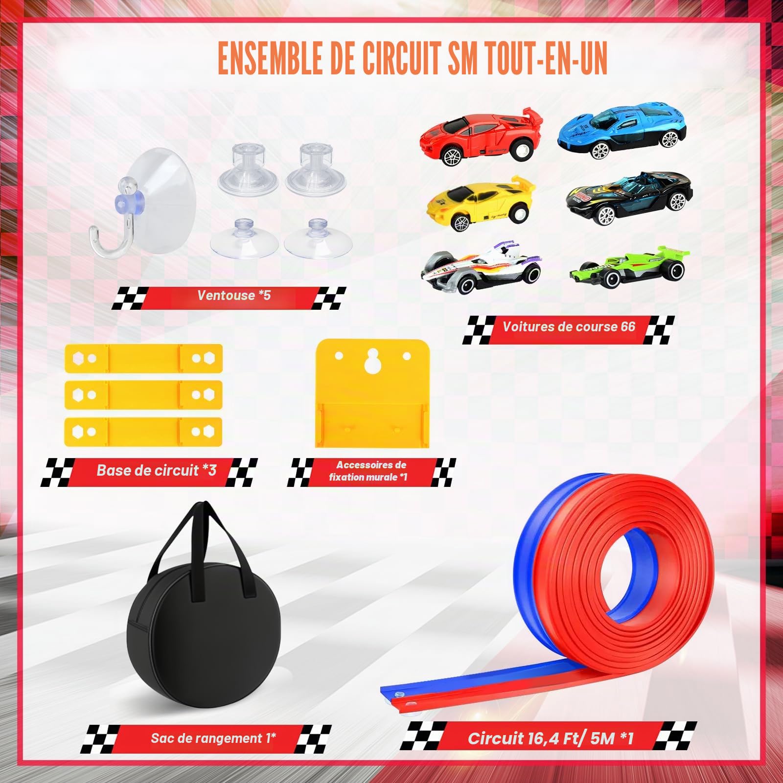 Circuit Voiture Enfant 5M, Jouet de Circuit Automobile avec 6 Voitures, Sac Rangement, Jouet Enfant 4 5 6 7 8 Ans, Piste de Voiture Flexible Enroulable, Bleu Rouge