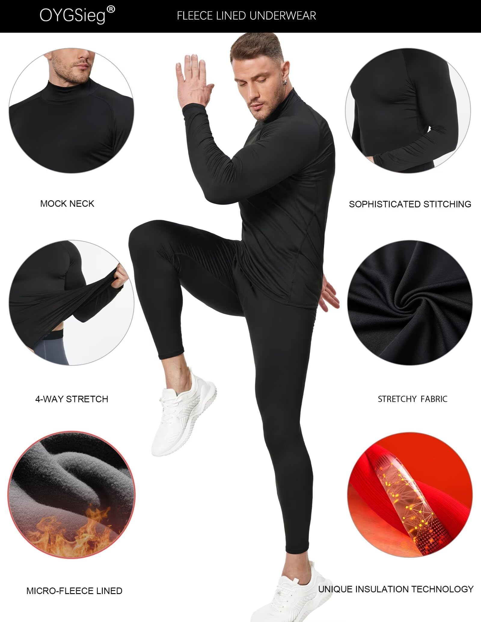 Paquete de 5 camisas térmicas de cuello alto para hombre, manga larga, con forro polar de compresión, camiseta interior de capa base
