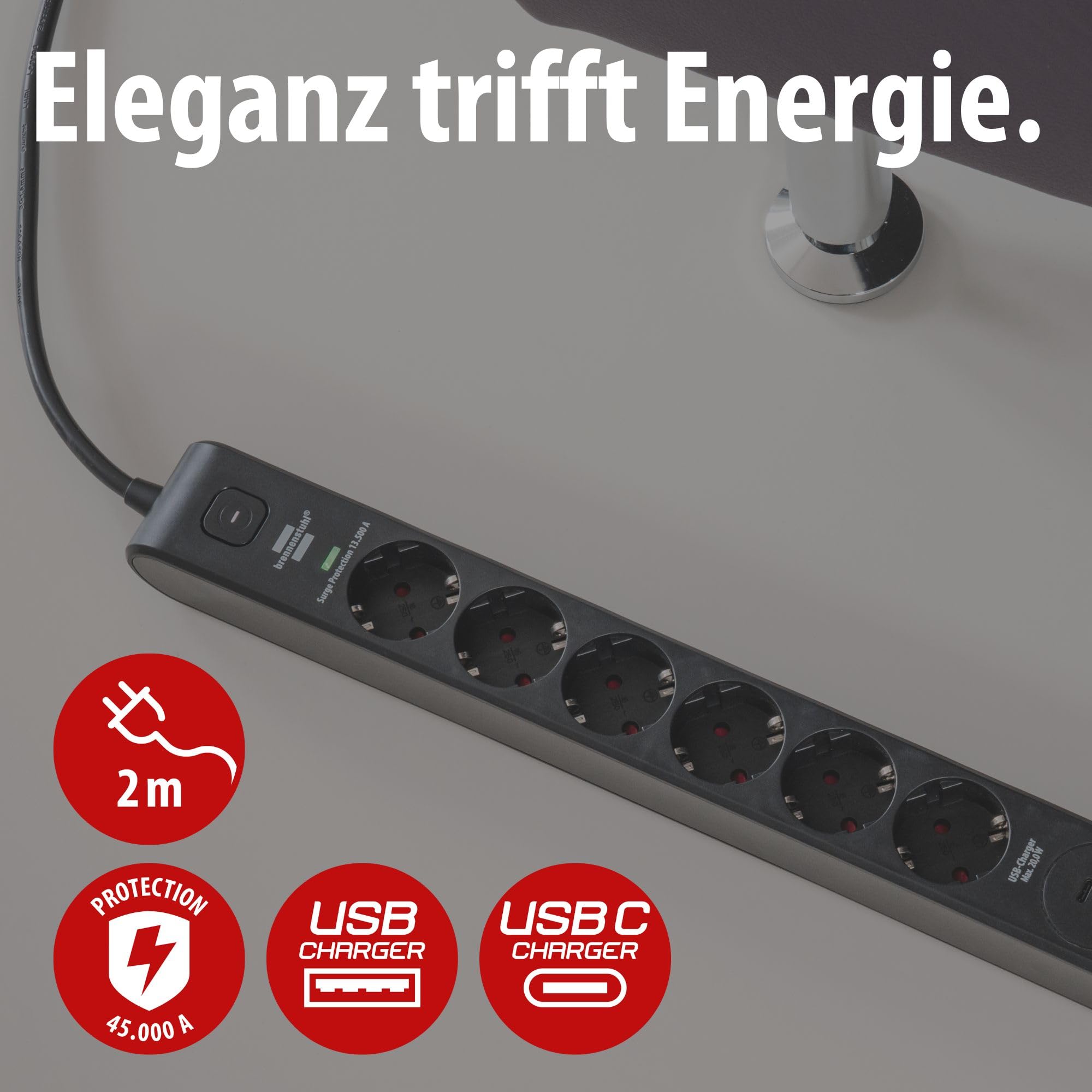 Brennenstuhl Ciabatta elettrica a 6 prese con USB e protezione da sovratensioni (presa multipla con 2 prese USB C PD 36 W per ricarica rapida e 1 USB A 36 W, interruttore, cavo da 2 m) nero