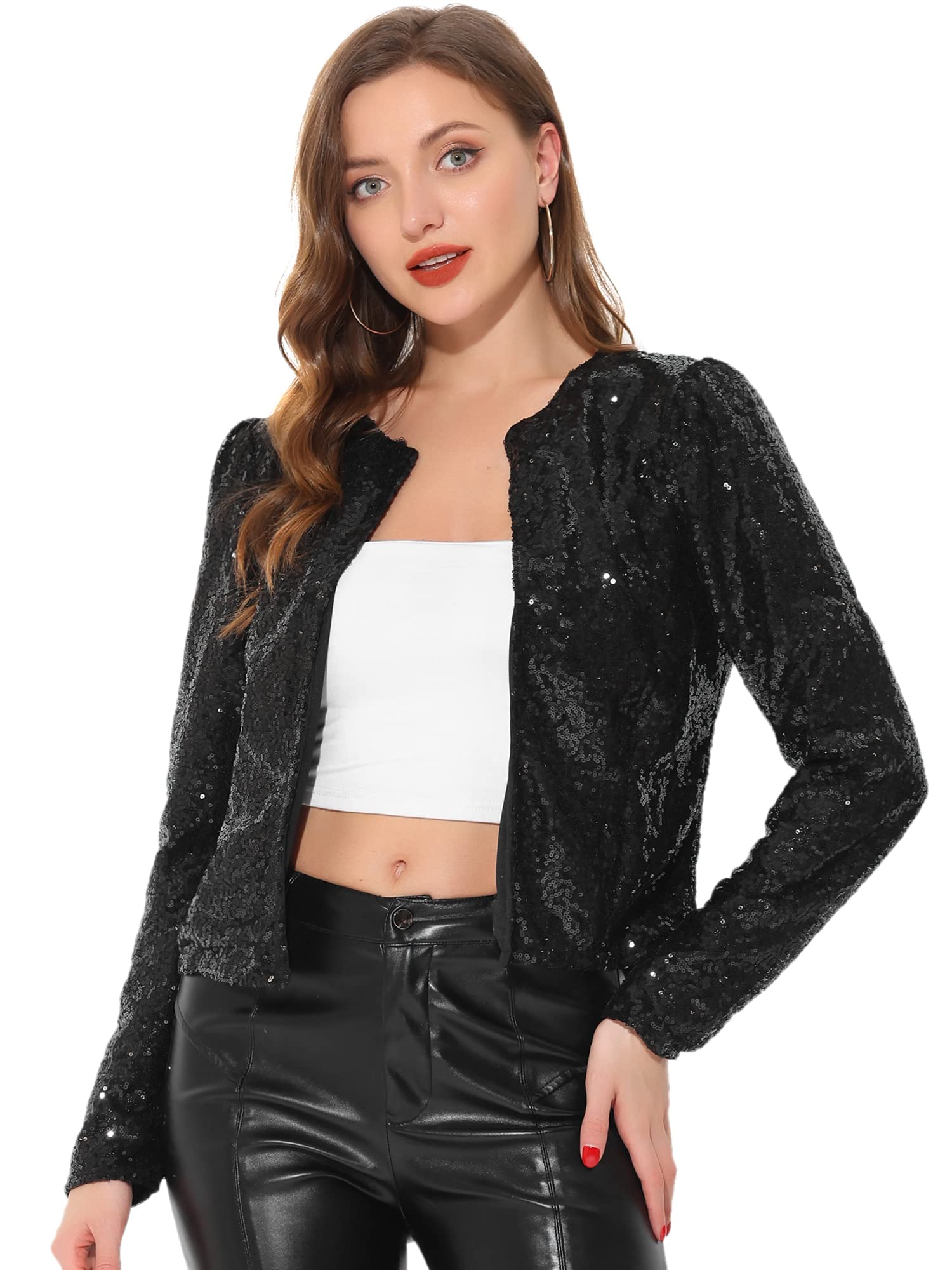 Allegra K Women's Crop Open Front Sequin Blazer 