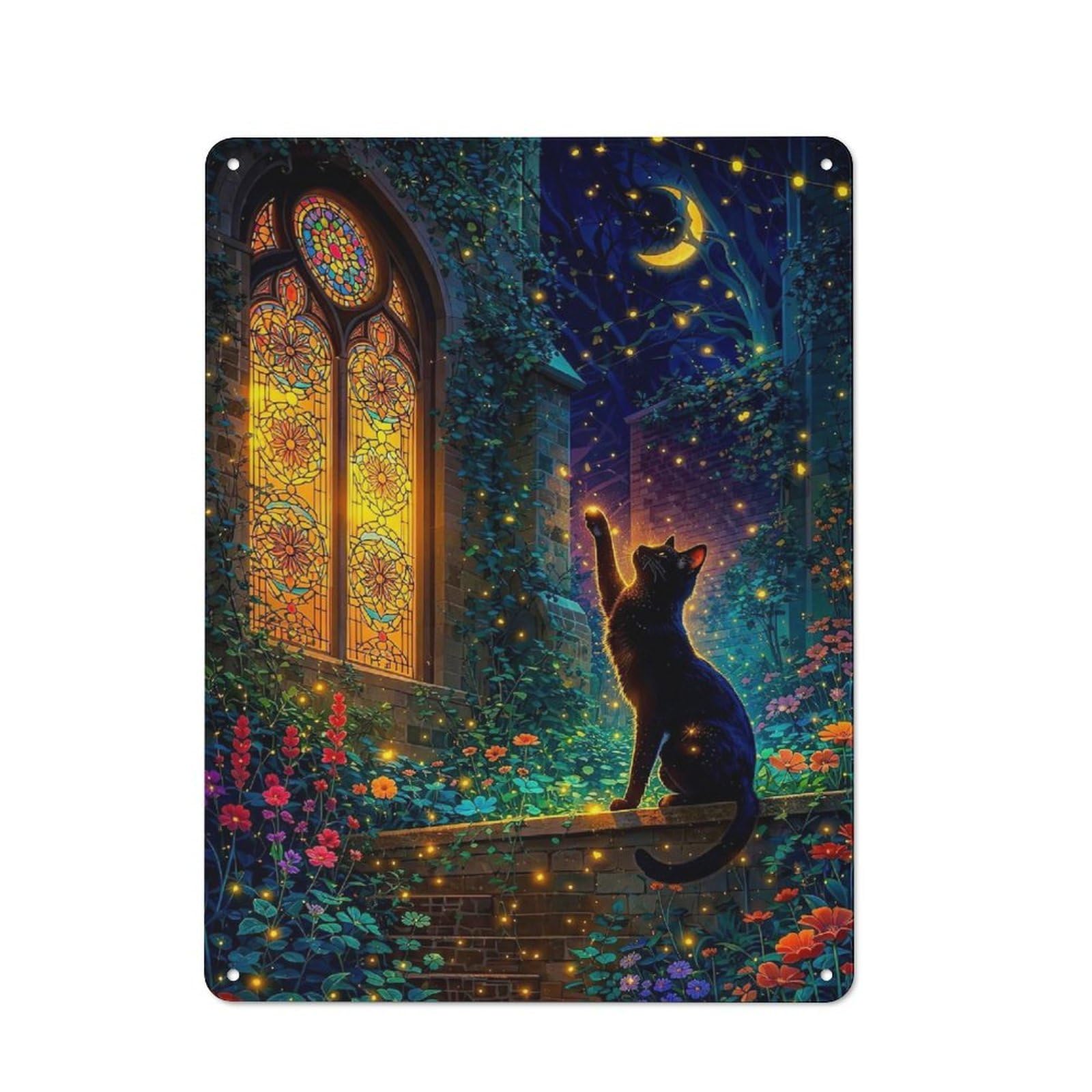 Junmoney Style-18 Black Cat Reaching For Stars Retro-Style Tin Sign 40X30cm For Man Cave Or Games Room, A Metal Wall Feature For Games Rooms And Man Caves