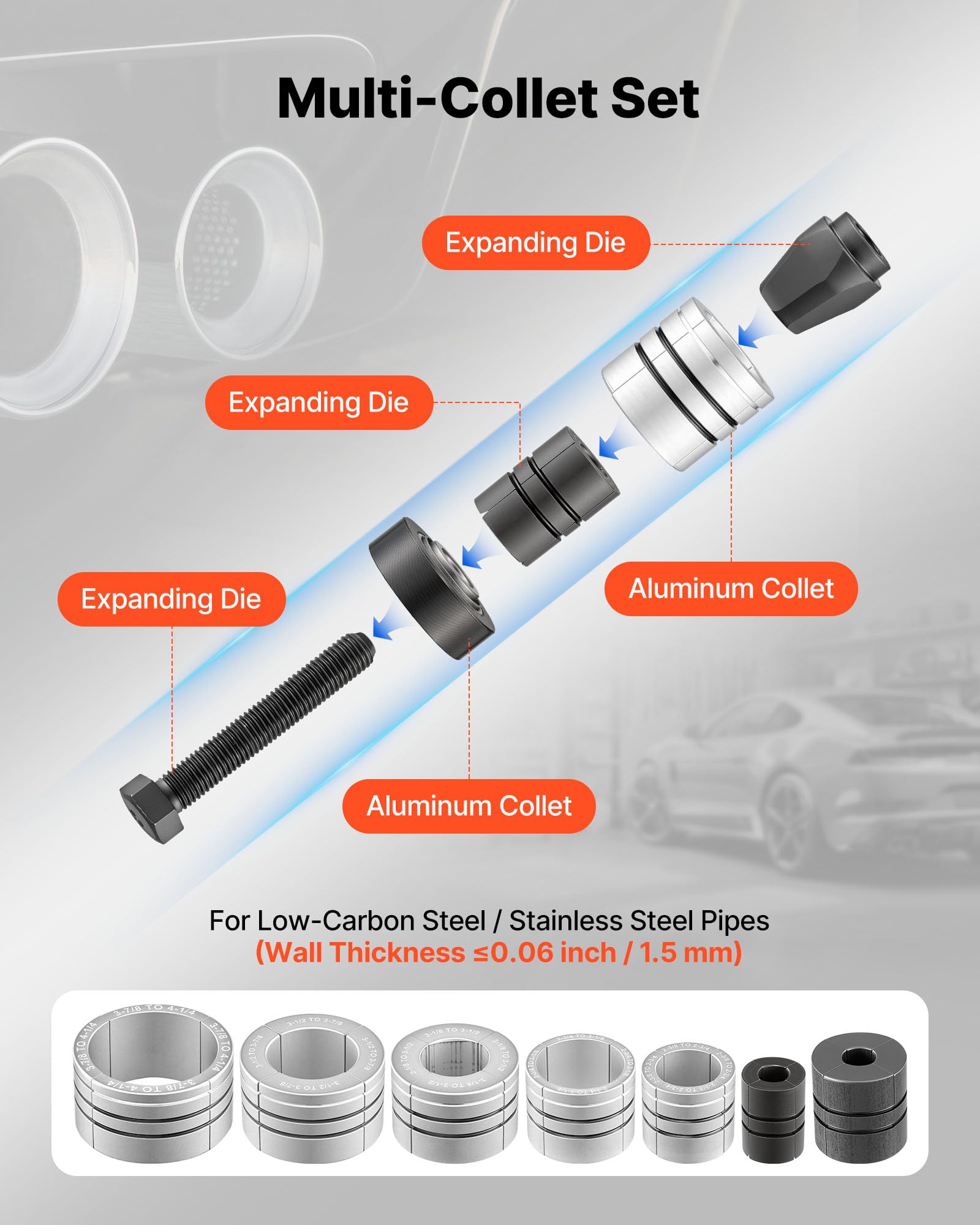 VEVOR Kit di Strumenti per Svasatura, Kit di Utensile per Espansione dei Tubi di Scarico, Allargatore per Tubi di Scarico da 41,27 mm a 107,95 mm, con 7 Collettori Robusti e Custodia per Trasporto