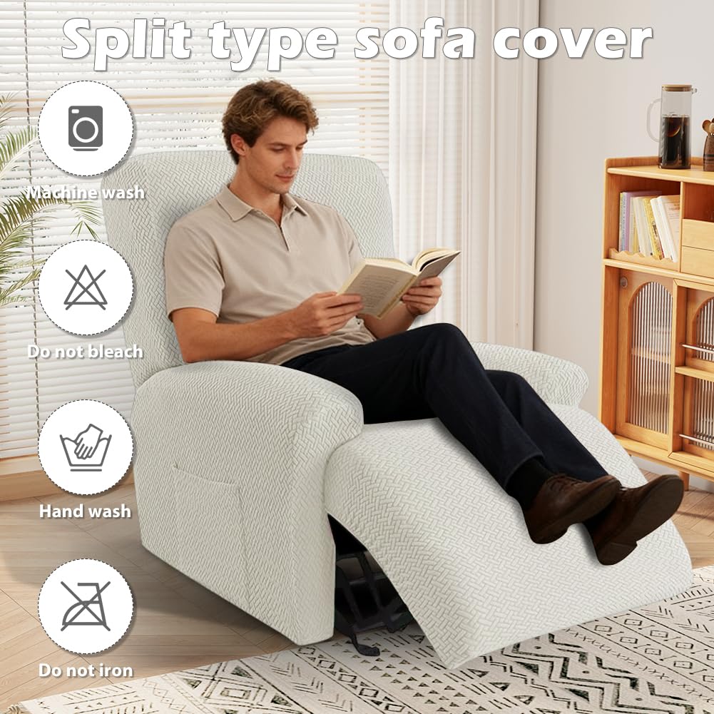 Set di 4 coprisedia per poltrona relax, copertura stretch completa, coprisedia lavabile con tasche, coprisedia per poltrona, fodera per divano, per poltrona relax (Beige)