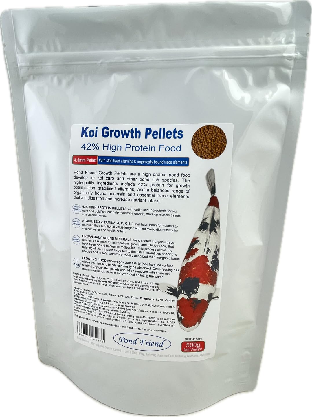 Pond Friend Koi Growth Pellets Floating Fish Food 500g 4.5mm Carp & Goldfish High Protien Diet For Fast Growth