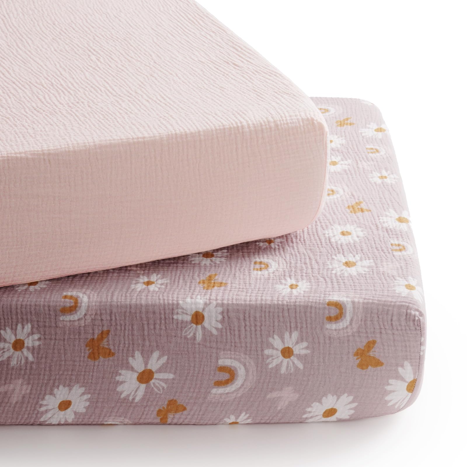 TILLYOU Mussola - Set di 2 lenzuoli con angoli elasticizzati per lettino, 60 x 120 cm, 100% cotone, motivo: farfalla rosa