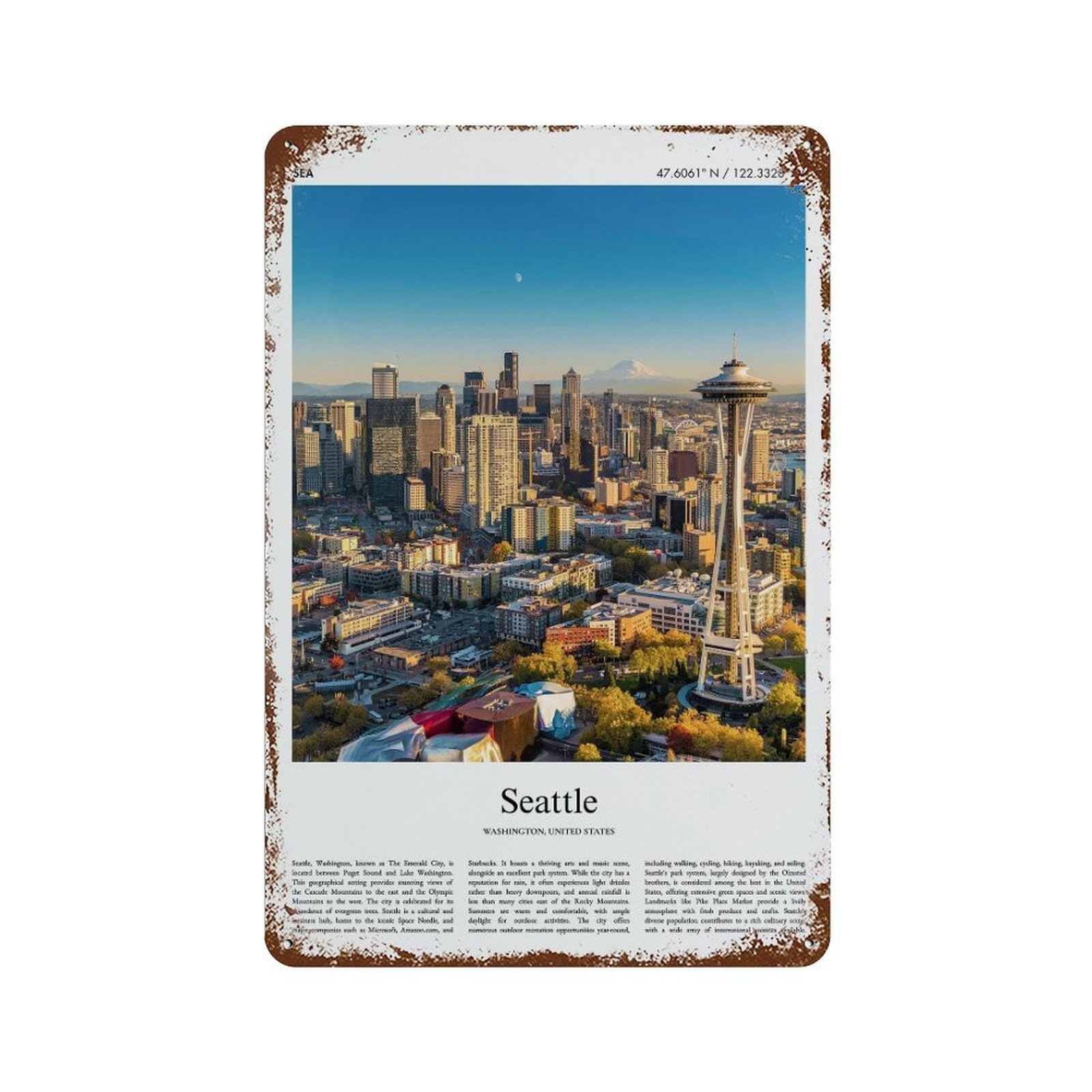 xiaoxiaoshen Seattle Washington, United States, USA City Scenery Wall Decor Art Metal Tin Poster Modern Home Decor Art Home Bar Shop Decorations Vintage Sign 30x20cm