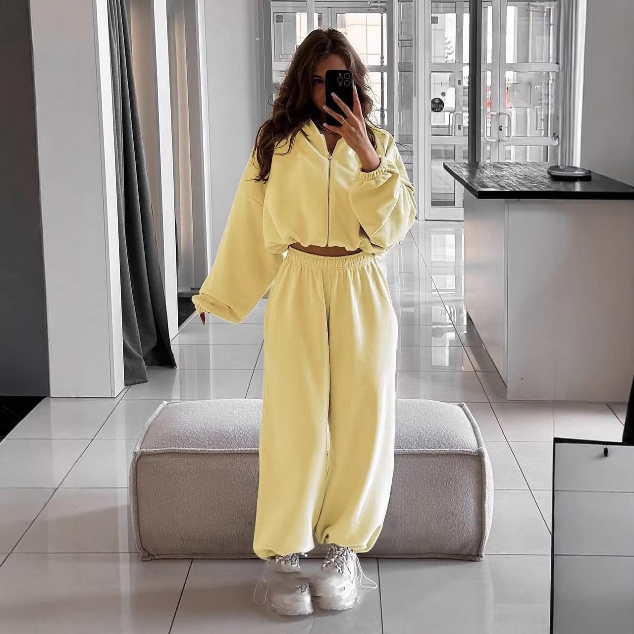 Ensemble 2 pièces sport pour femme, sweat à capuche à fermeture éclair et pantalon large décontracté