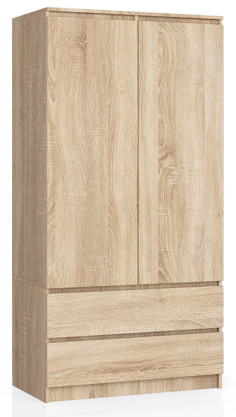AKORD Zweitüriger Kleiderschrank S 90 cm 2 Schubladen mit Regalen und Einer Kleiderstange für EIN Schlafzimmer Kleiderschränke Minimalistischer Stil Schichtstoffplatte 16 mm Farbe Sonoma