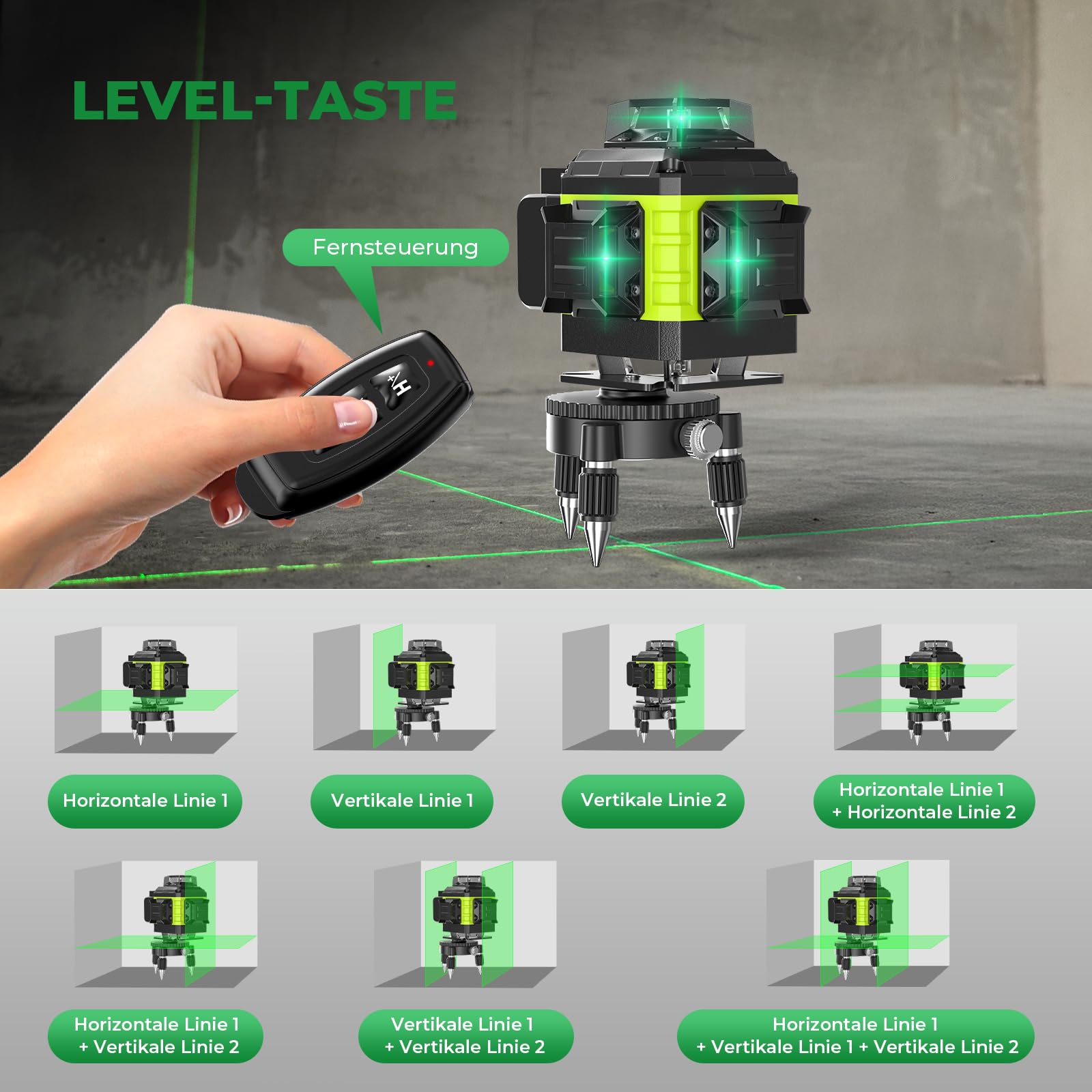 Kreuzlinienlaser Grün 16 Linien Nivellierlaser mit Stativ, 4 x 360 ° Laser wasserwaage, linienlaser kreuzlaser selbstnivellierend für Innenbereich Baustelle, 2 x Batterie Vermessungskabine