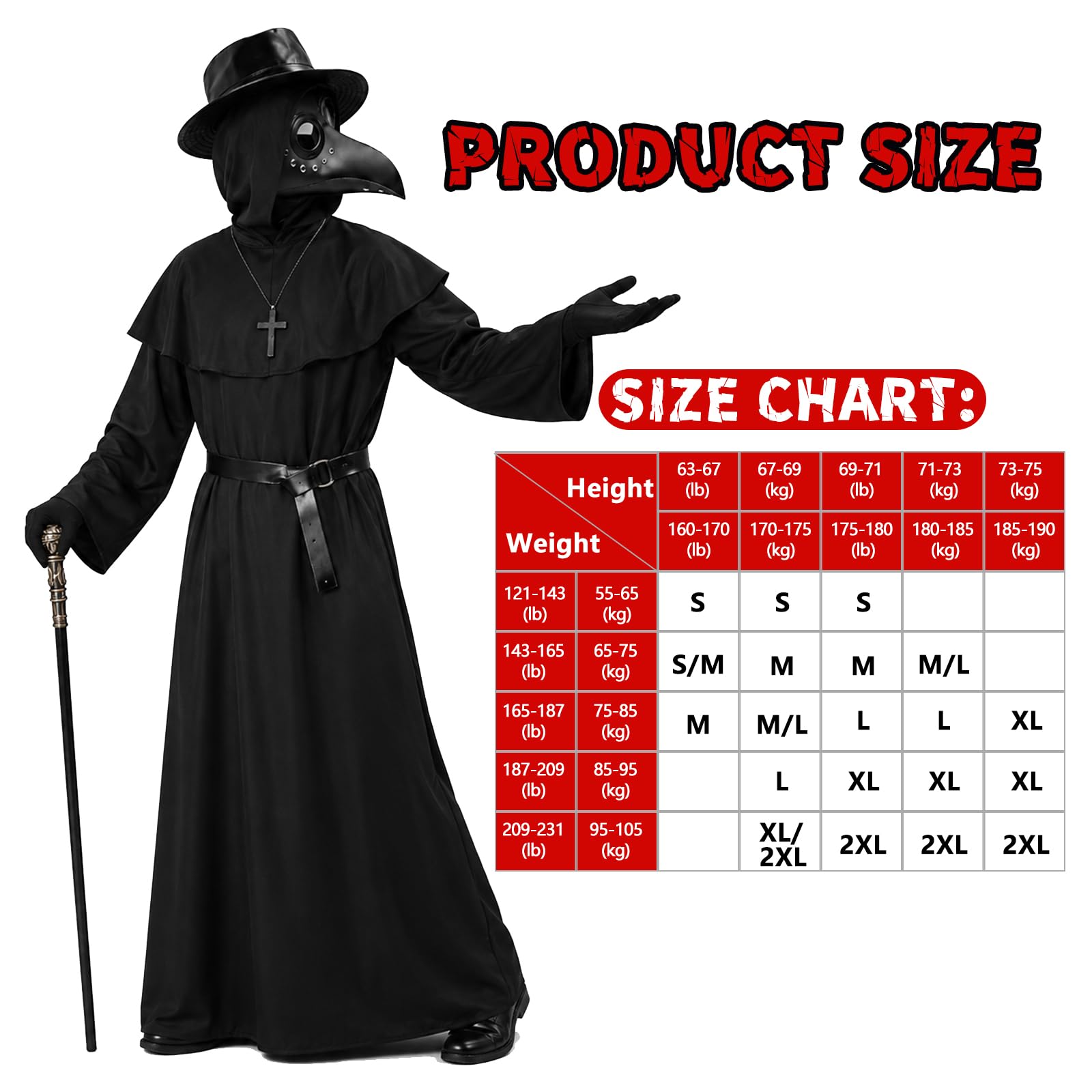 Pestdoktor Kostüm Herren, Plague Doctor Costume Erwachsene mit Maske, Zepter, Hut, Handschuhe, Halskette und Gürtel, Halloween Kostüm Herren, Pestarzt Kostüm für Halloween Karneval Cosplay