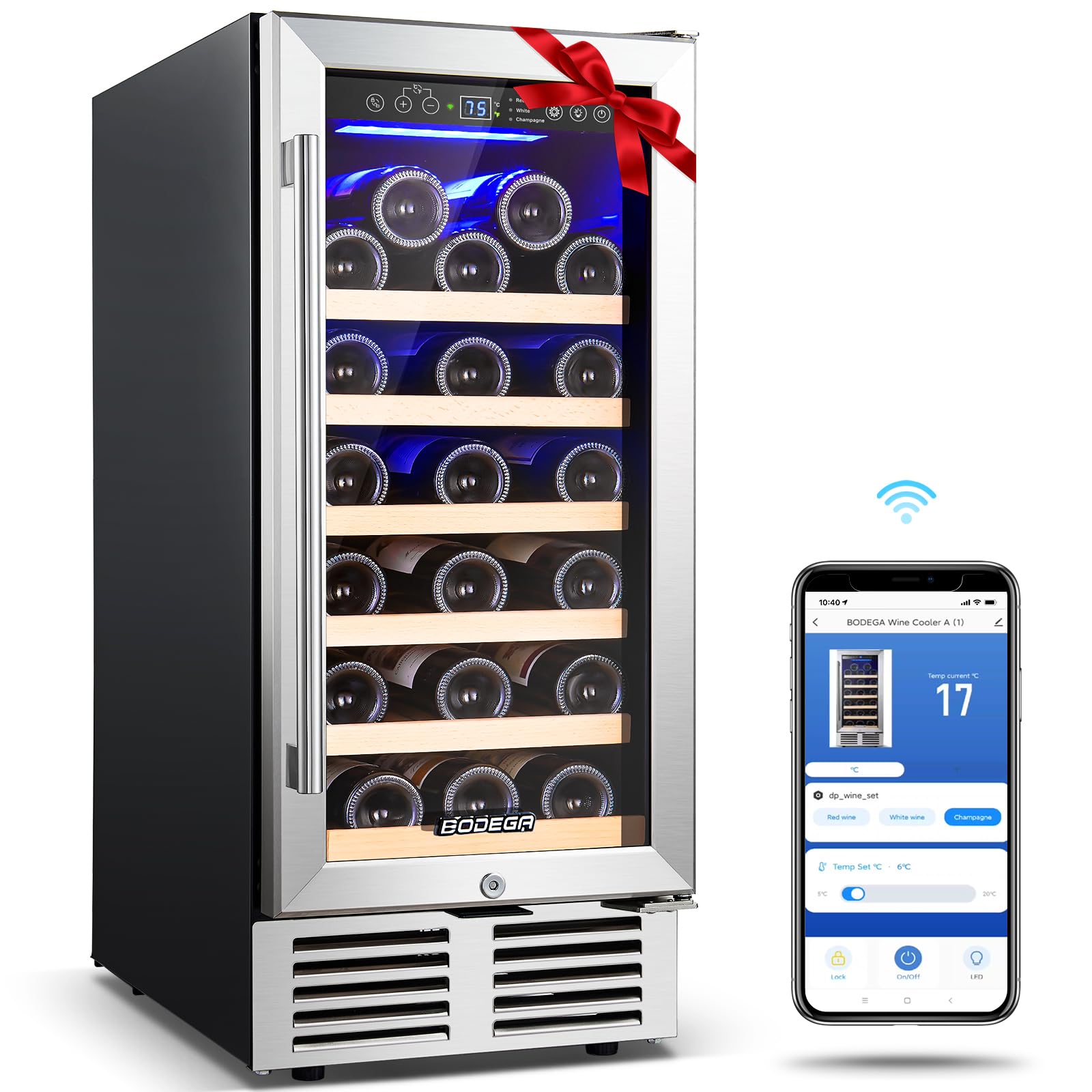 BODEGA 15 Inch Single Zone Wine Fridge with App Control, Holds 31 Bottles