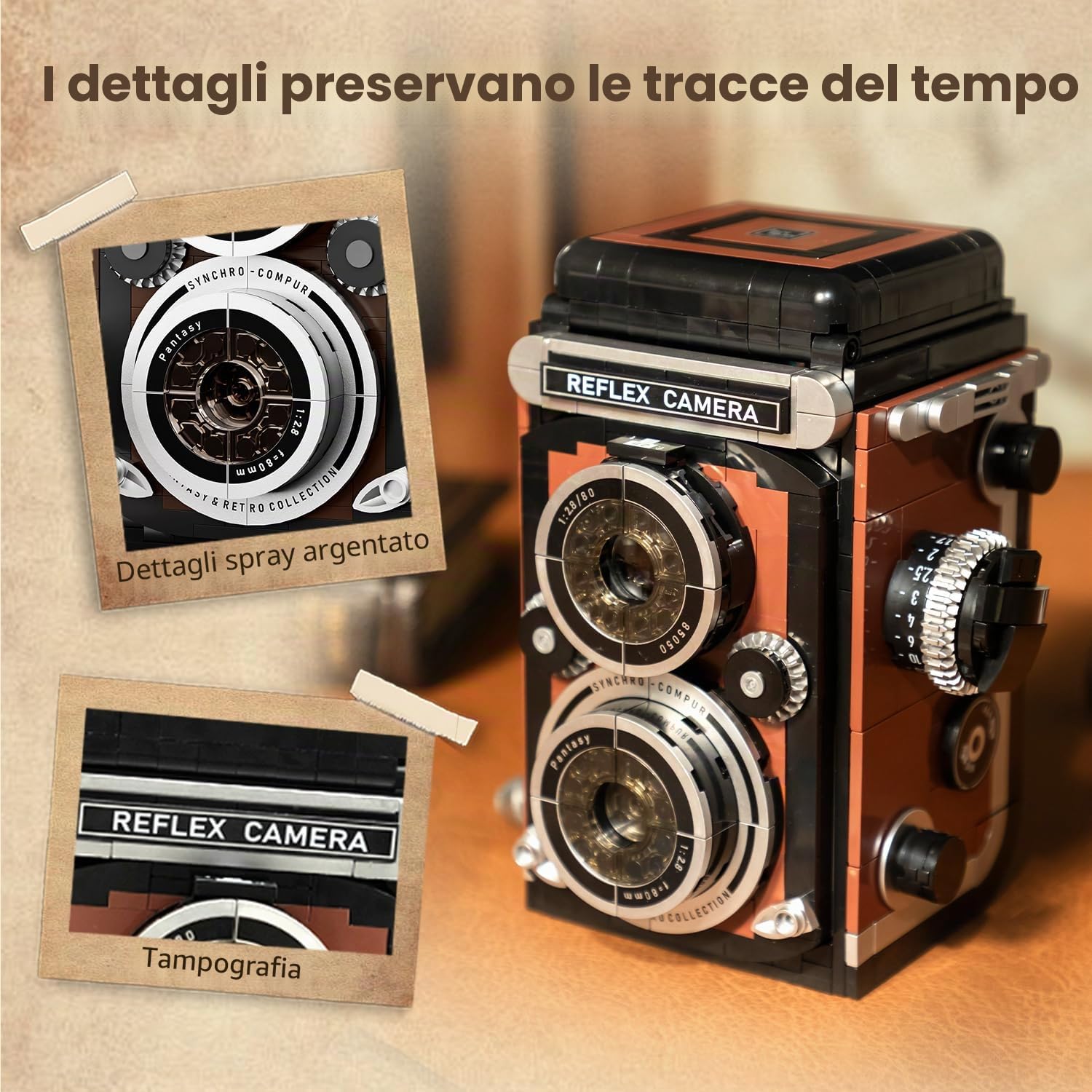 PANTASY Set di mattoncini retrò per costruzione di fotocamera per adulti, modello classico di fotocamera a doppia lente reflex con funzioni interattive, fotocamera vintage modello da collezione come