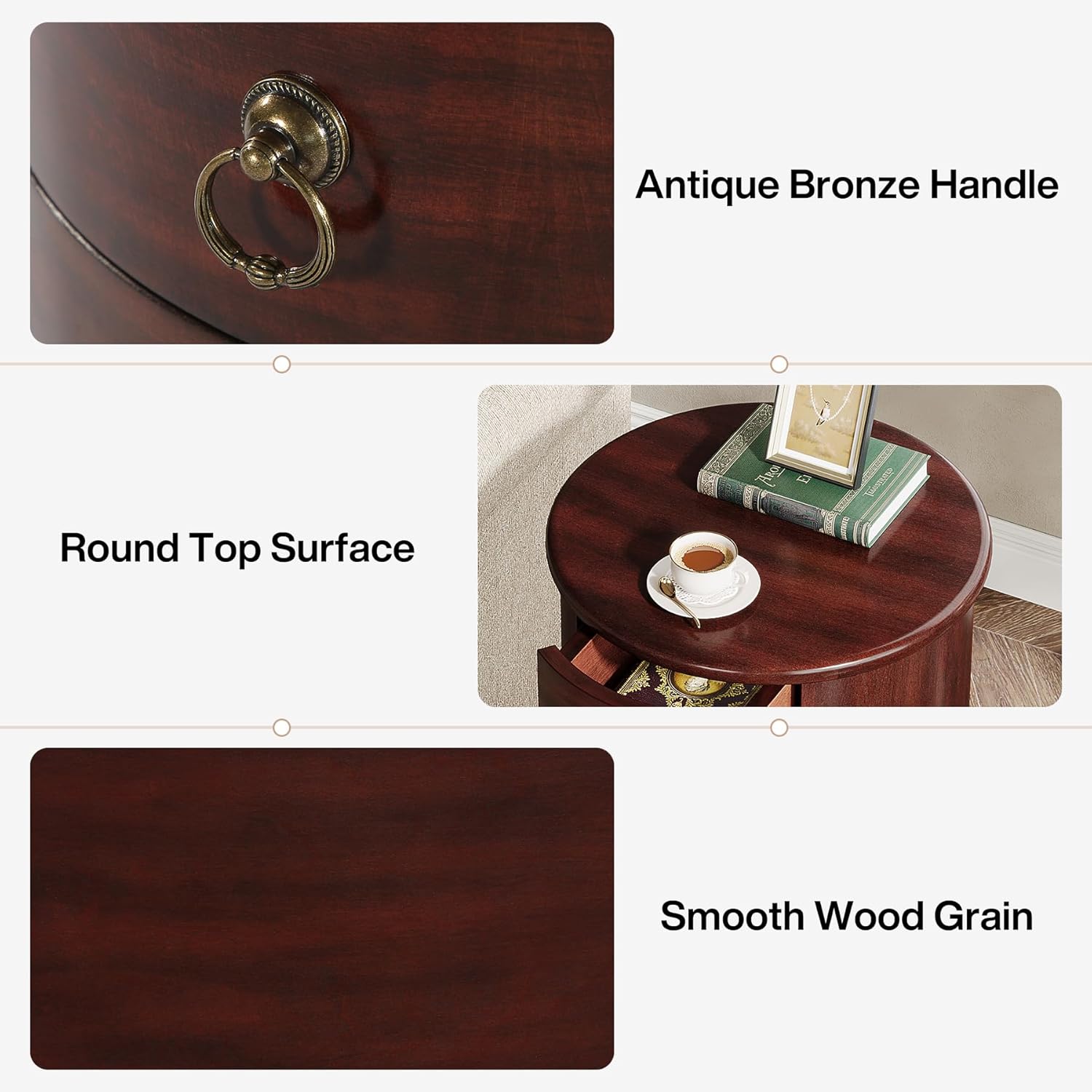 Tribesigns Solid Wood End Table, Round Side Table with 4 Drawers, Vintage Bedside Table Nightstand for Small Spaces, Living Room, Bedroom, No Assembly Required (1, Cherry Brown)