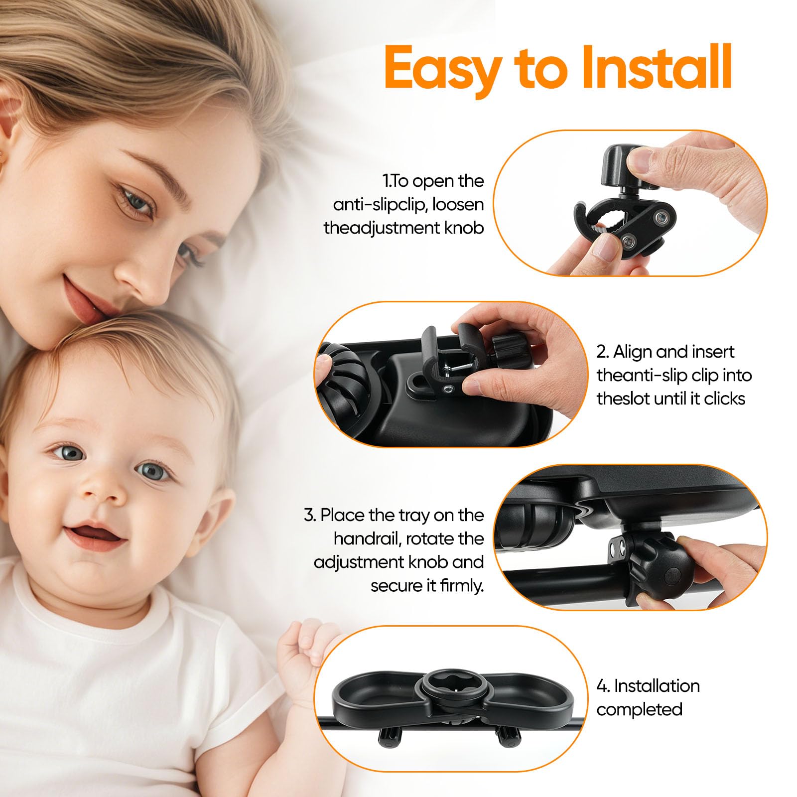 OGNWFUNK Snack Tray Compatible with Baby Jogger City Mini GT2 – BPA-Free 3-in-1 Stroller Snack Tray Attachment with Deep Cup Holders, Easy Installation, Fits Inward-Curved Handlebars - 4