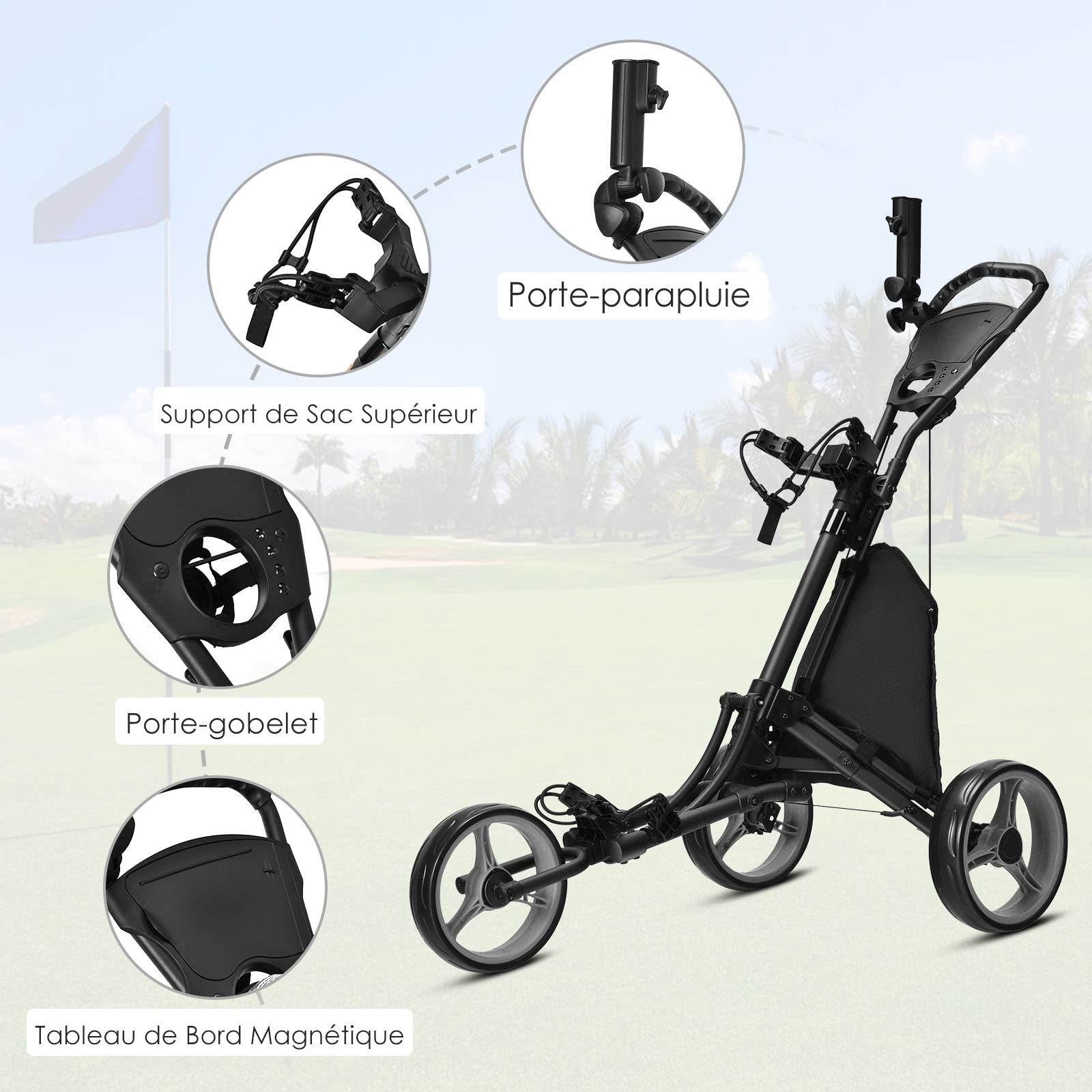 GOPLUS Carrito de Golf Plegable 3 Ruedas, Altura Ajustable, Aluminio, Portaparaguas, Bolsa Impermeable, Freno Pie, 121x70x116 cm