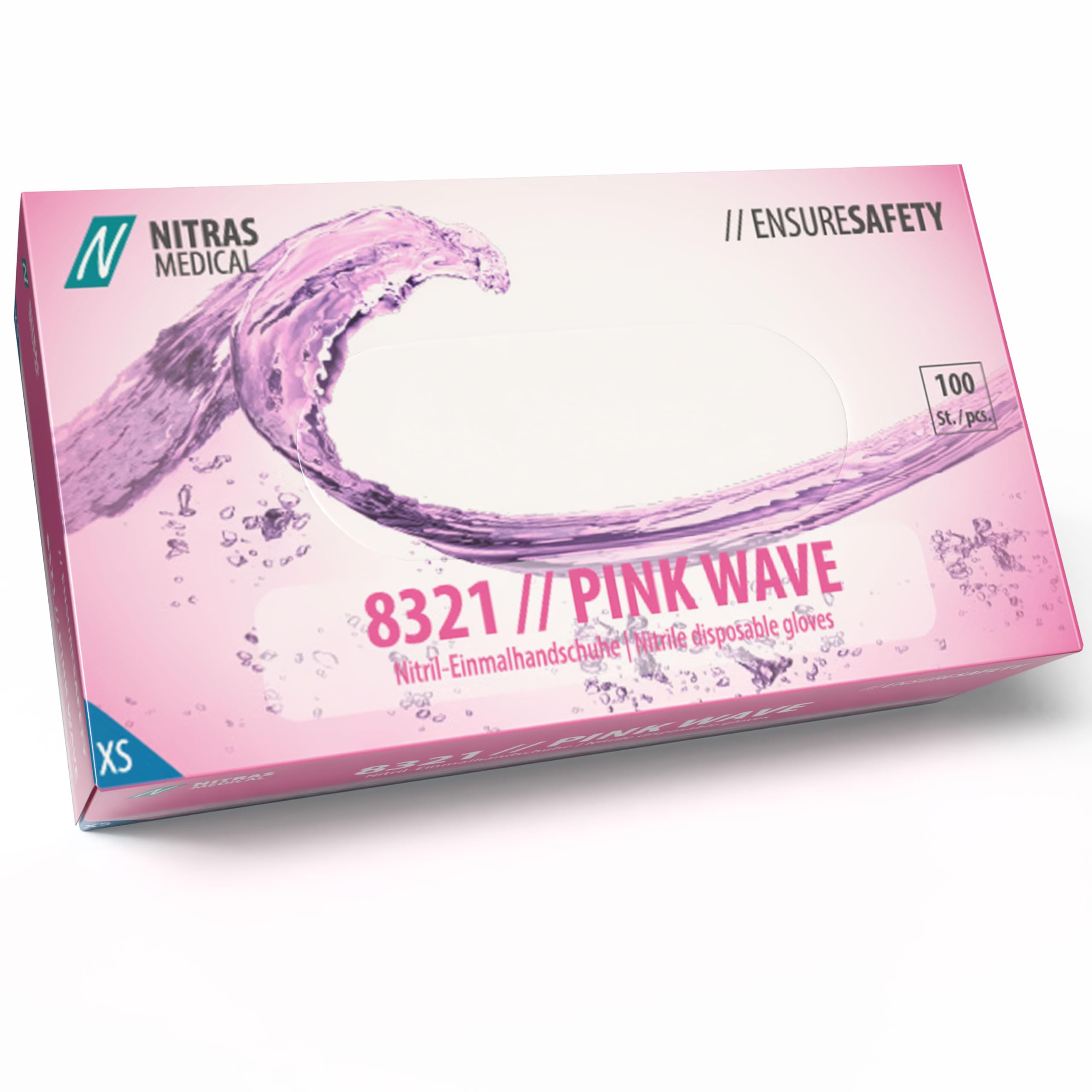 Nitras 8321 Pink Wave Guantes desechables de nitrilo sin polvo, no estériles, color rosa, 100 unidades en caja dispensadora, talla XS