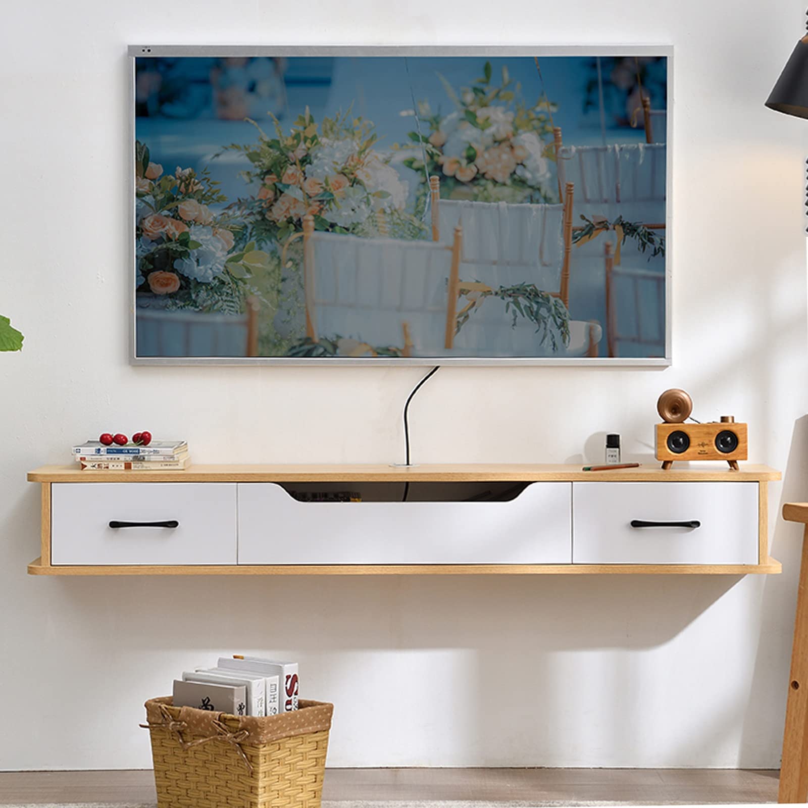 IBOWZ Mobile TV Sospeso unità TV fissata al Muro, Supporto TV Galleggiante Mensola TV montata a Parete, mensole portaoggetti per Console multimediale montate a Parete