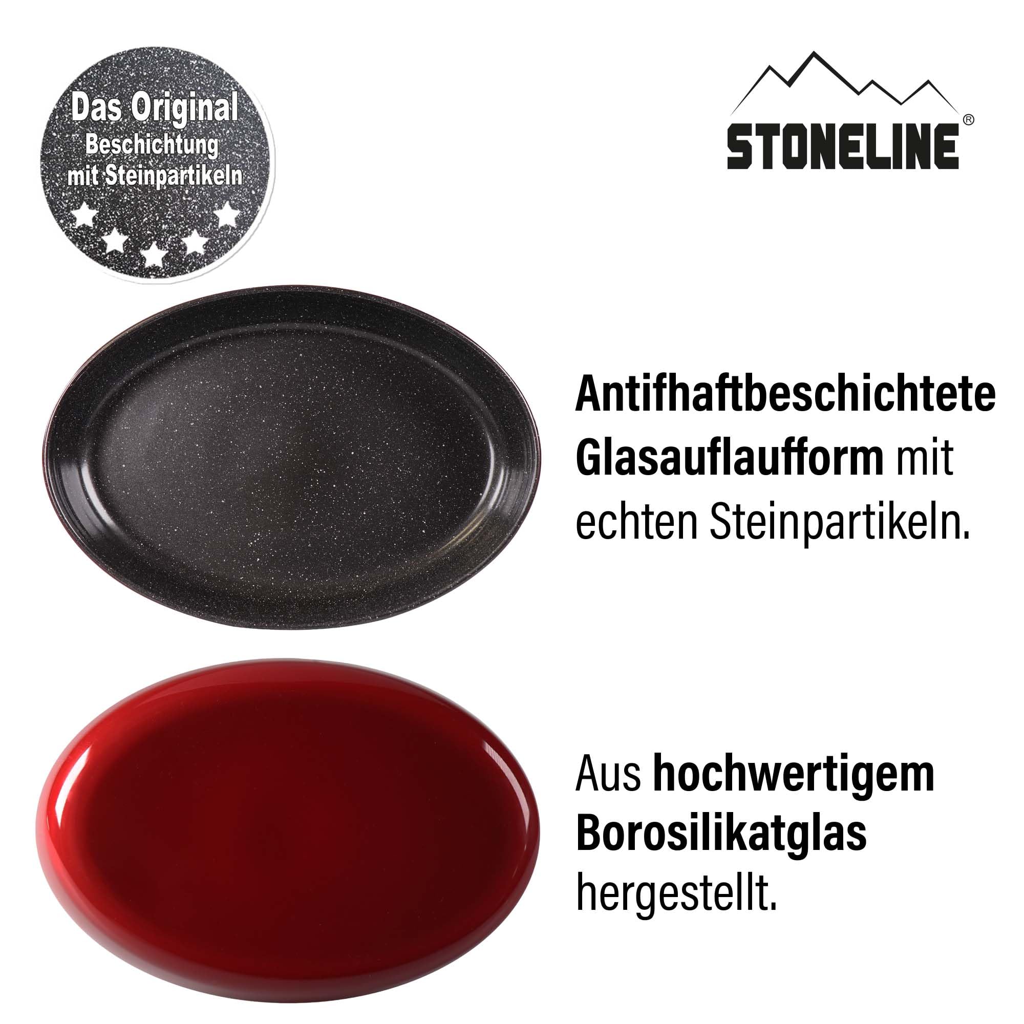 STONELINE Lot de 5 plats à gratin en verre borosilicate antiadhésif avec véritables particules de pierre carrées et ovales, gants de four en coton, lavables, antidérapants, gris