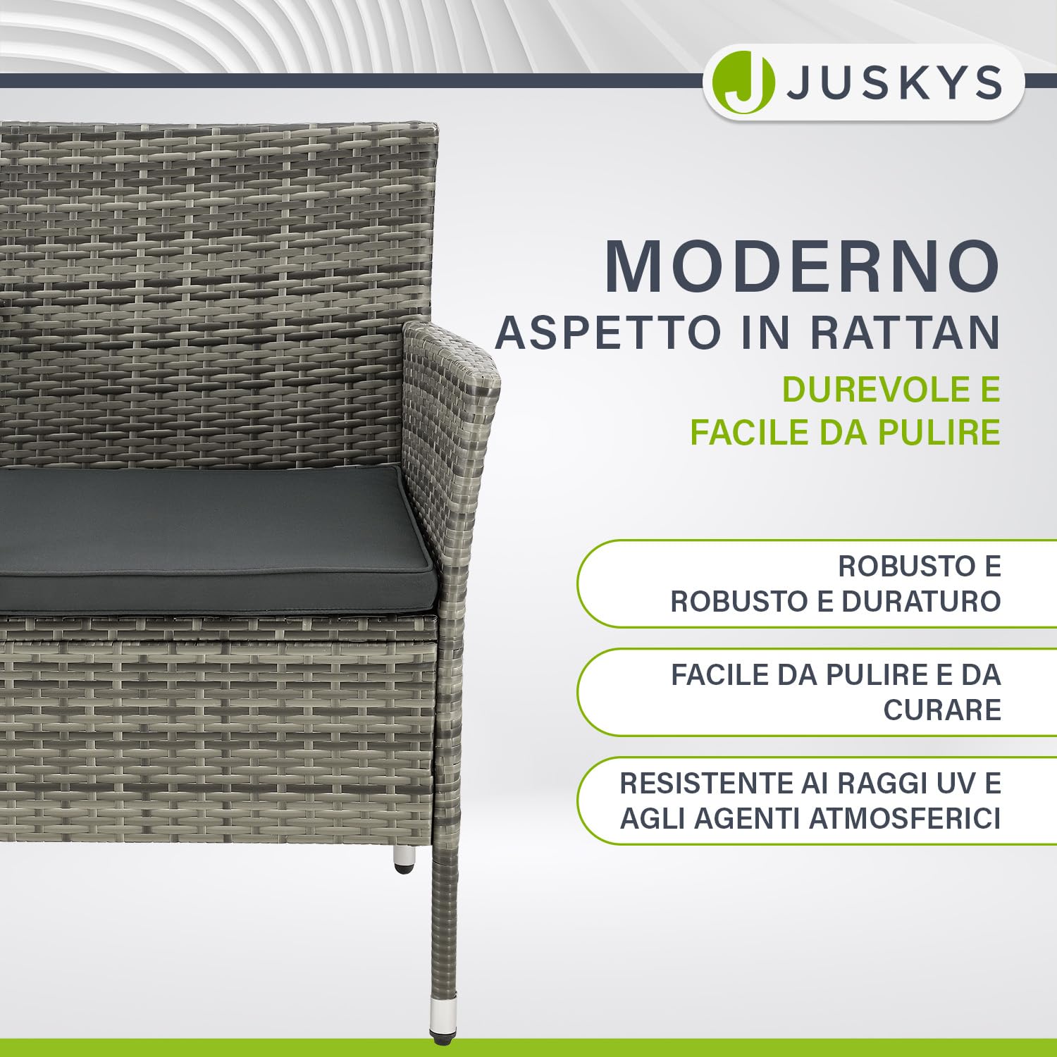 Juskys panca da giardino Monaco in polyrattan – 2 posti con tavolo e cuscini – 133×63×84 cm – resistente alle intemperie per balcone e terrazza – grigio melange