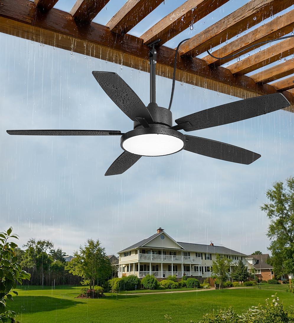 Fanbulous - Ventiladores de techo para exteriores de 52 pulgadas con luz y mando a distancia, IP65 con motor de CC de 6 velocidades, ventilador de cenador de granja para porche y pabellón (negro)