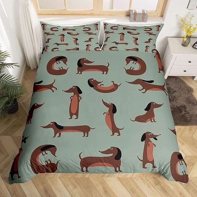 Dachshund Bedding Duvet Cover Set Kids Cute Sausage Dogs Bedding Set Cartoon Animal Bedding & Linen for Boys Girls Puppy Dachshund Lover Bedding & Linen Double Size