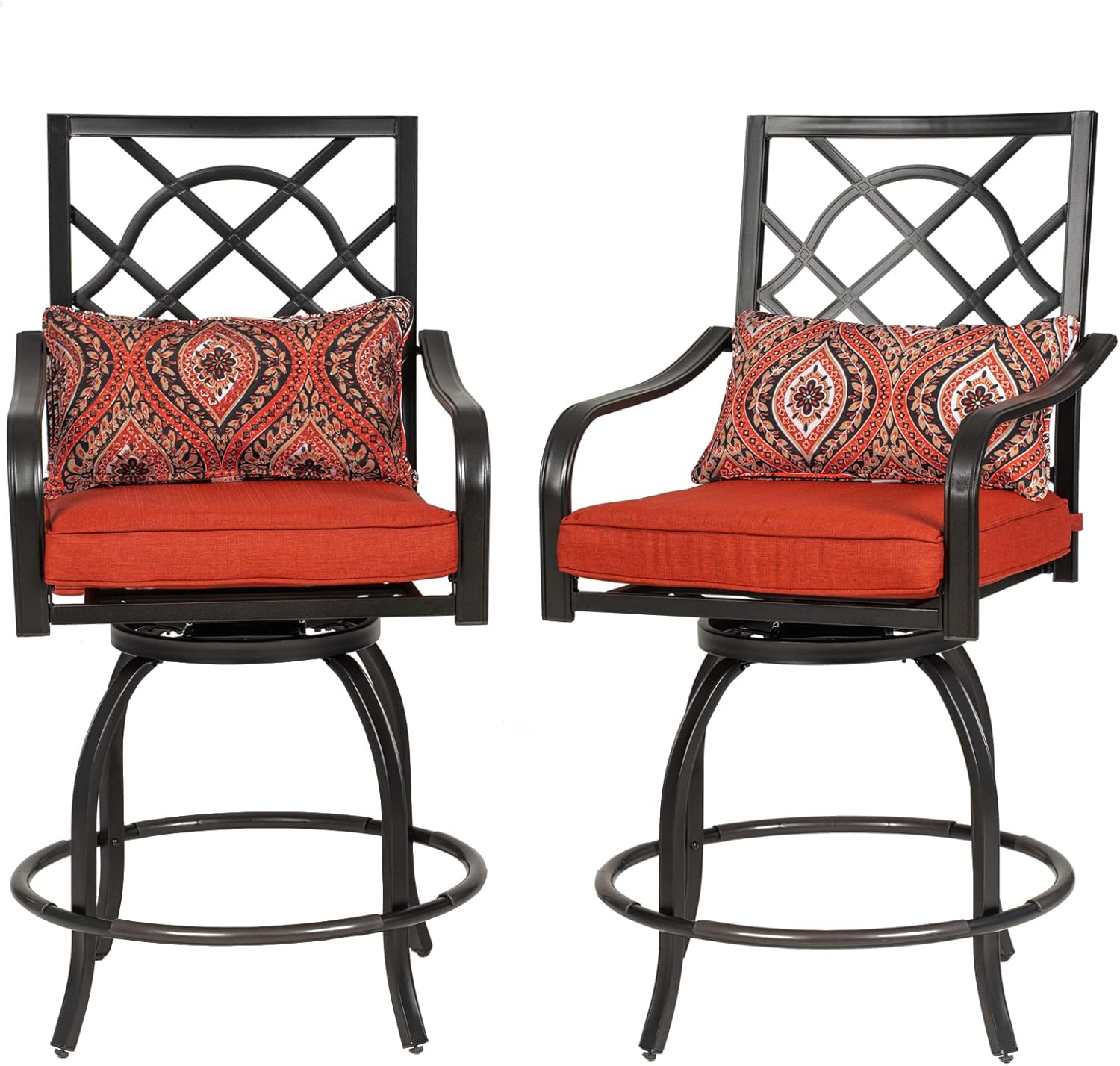 2 Pieces Patio Swivel Bar Stools, Outdoor Metal Bar Height Bistro Chairs with Seat Cushion & Armrest for Backyard, Patio, Lawn, Garden, Red