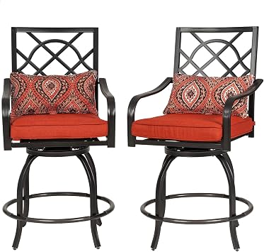 2 Pieces Patio Swivel Bar Stools, Outdoor Metal Bar Height Bistro Chairs with Seat Cushion & Armrest for Backyard, Patio, Lawn, Garden, Red