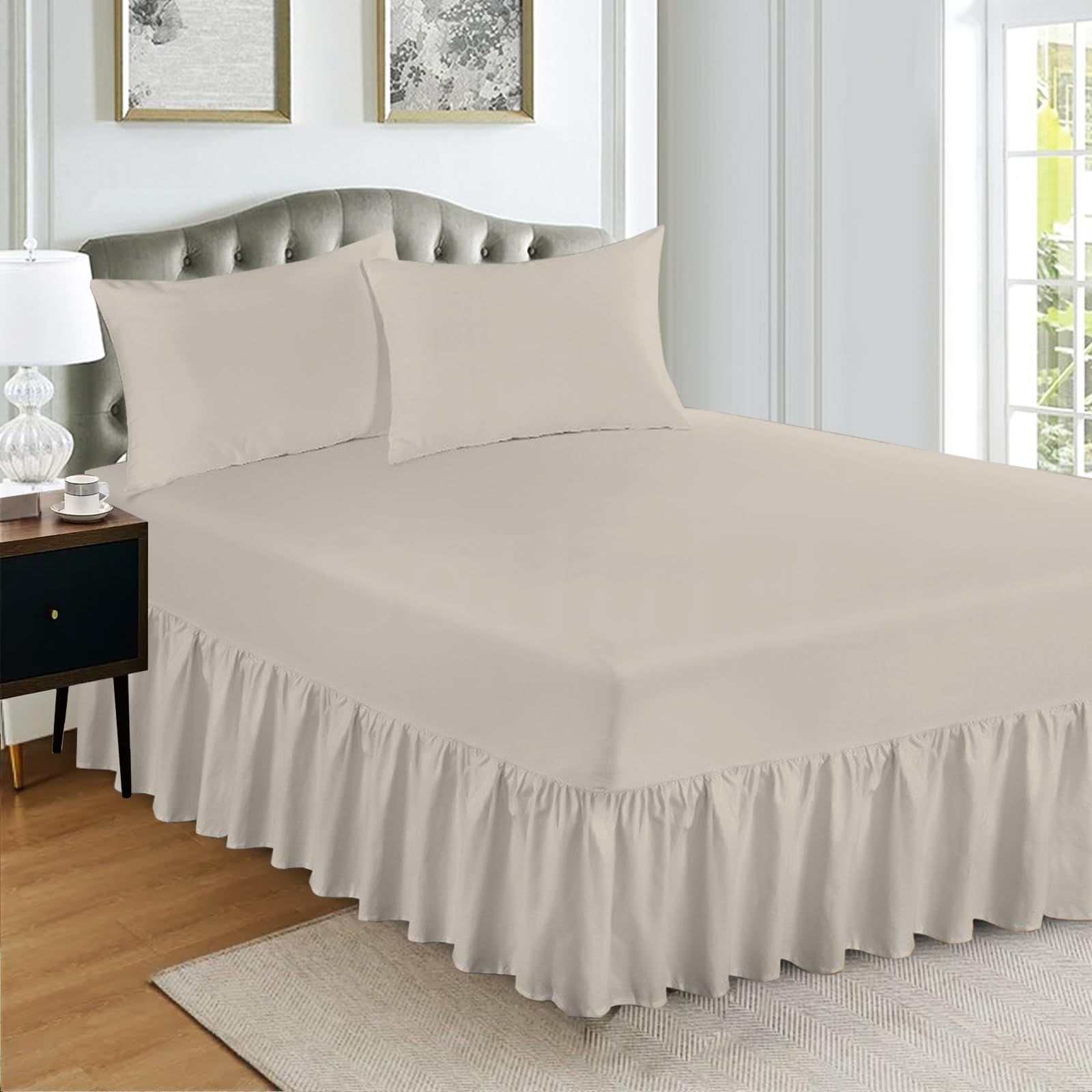 B&B Bedding Valence Sheet Collection - Soft Brushed Polycotton, Easy Wrap Elastic, Extra Deep Frilled with a Drop of 40cm (Latte Beige, Small Double) โ image 1