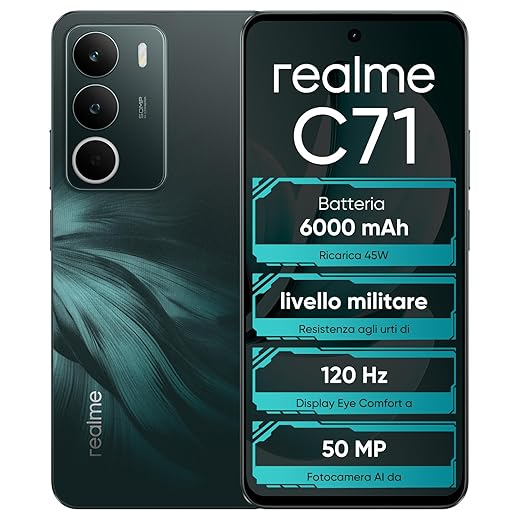 realme C71 5G Smartphone, display da 6,67'' a 120Hz, batteria da 6000mAh, 6+128GB di memoria interna, fotocamera da 50MP, chipset octa-core T7250, Forest Owl, senza adattatore