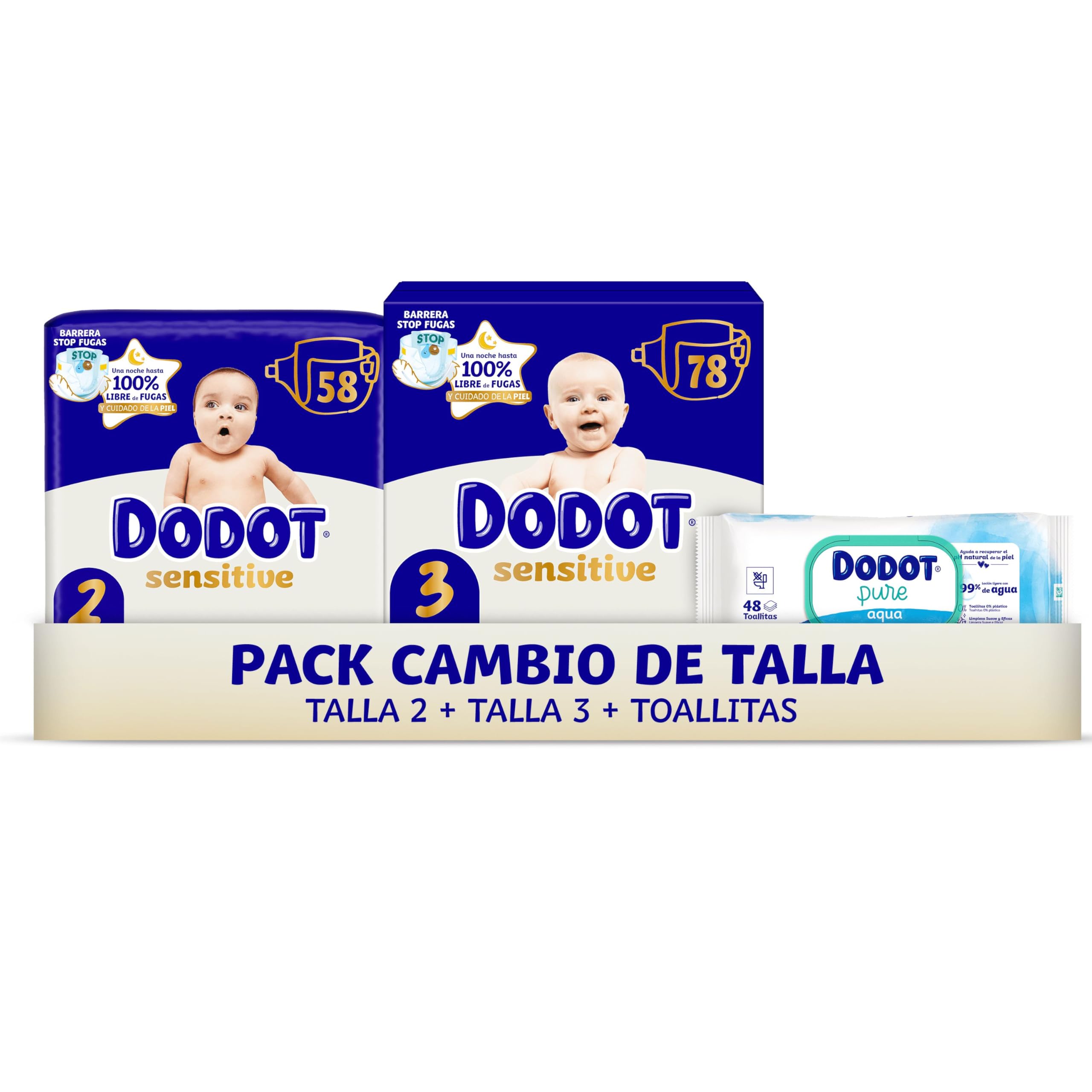 Dodot Sensitive Kit Recién Nacido Pañales + toallitas, 58 Pañales de la Talla 2 + 78 Pañales de la Talla 3 + 48 Toallitas Pure Aqua para Bebe, 99% Agua