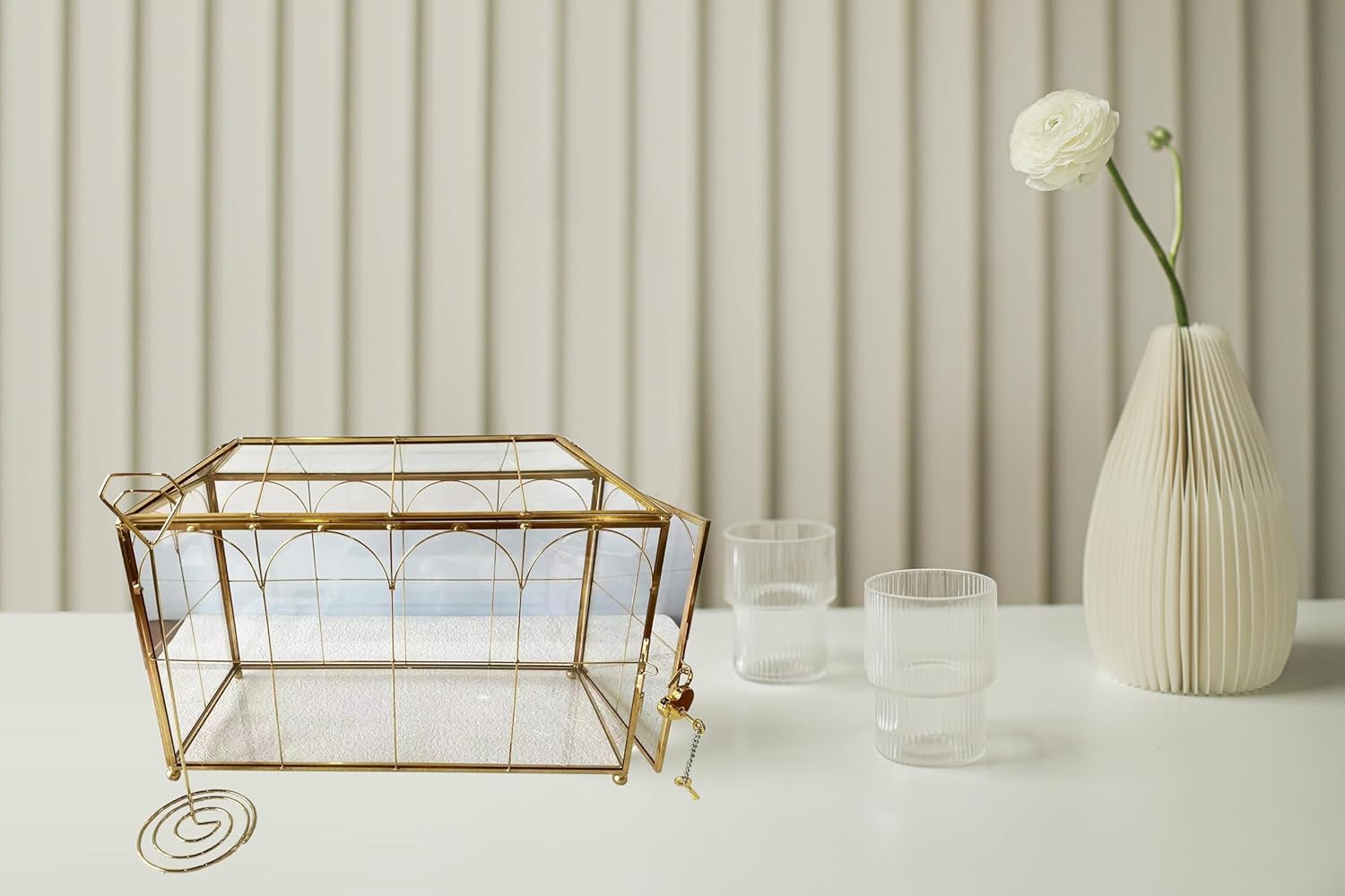 Golden Glass Lidded Box Decorative Jewelry Display Box Brass Clear Glass (Garden Gold with Lock, 10.3" L x 5.9" W x 8.3" H)…