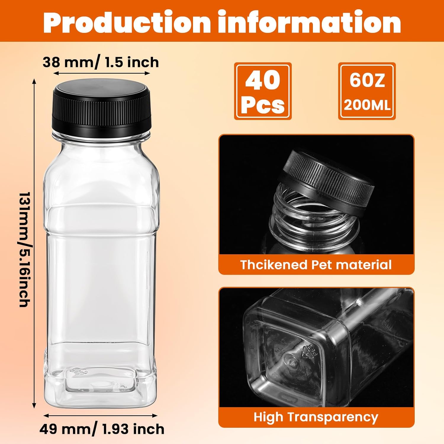 40 Pcs 6.7 oz Plastic Bottles with Caps Small Reusable Juice Containers with Lids Empty Clear Drink Containers for Fridge Mini Fridge Bottles for Water Milk Juicing Tea