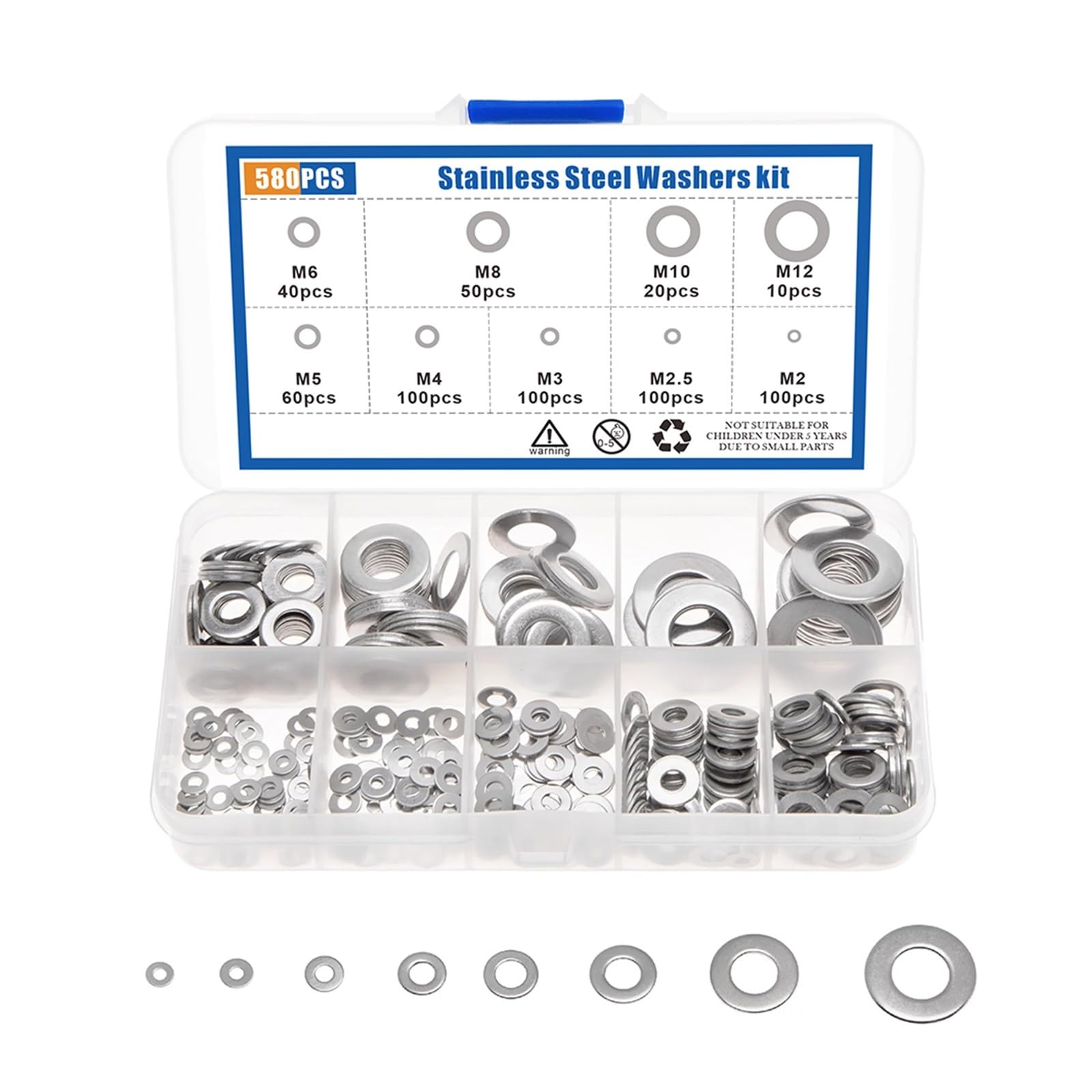 Flache Unterlegscheibe 180/360/580-teiliges 304-Edelstahl-Unterlegscheiben-Sortiment-Set, einfaches Dichtungsring-Set for Ölwannenstopfen(580pcs)