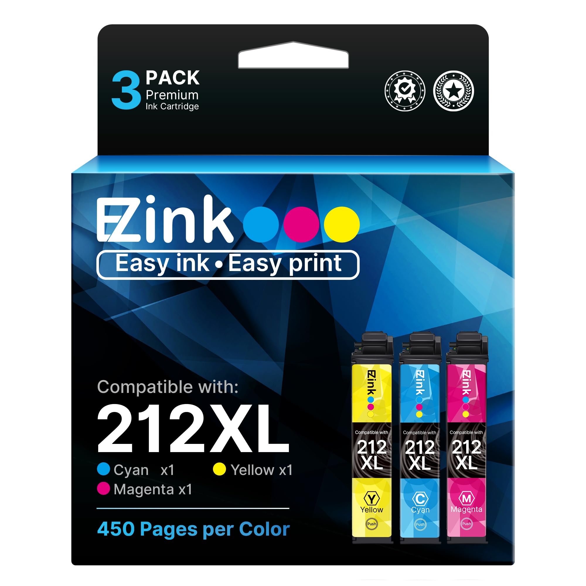 E-Z Ink Remanufactured Ink Cartridges Replacement for Epson 212 212XL 212 XL T212XL to use with XP-4100 XP-4105 WF-2830 WF-2850 Printer New Upgraded Chips(Cyan, Magenta, Yellow, 3 Pack)