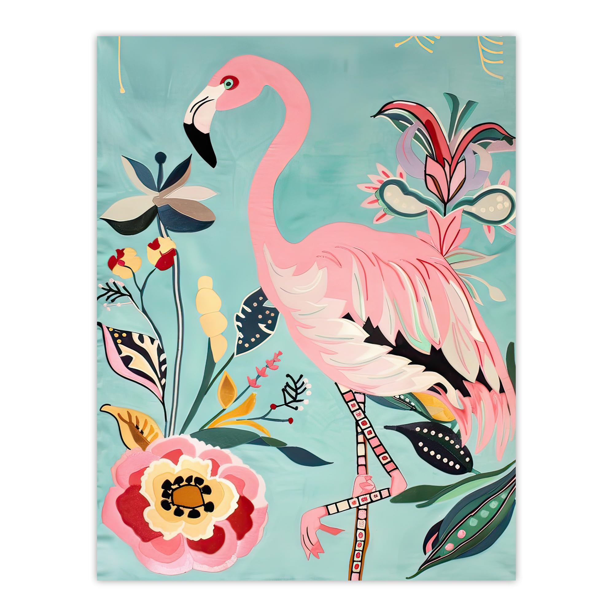 Artery8 Flamingo Bird and Exotic Flowers Bright Painting Living Room Extra Large XL Wall Art Poster Print
