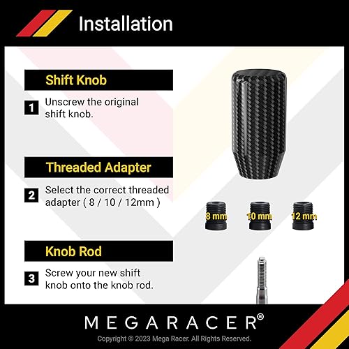 Miniatura 5 de Mega Racer Pomo de cambio de fibra de carbono real de 2.8", vehículos de transmisión manual de 4, 5 y 6 velocidades y automáticos sin botones, 100%